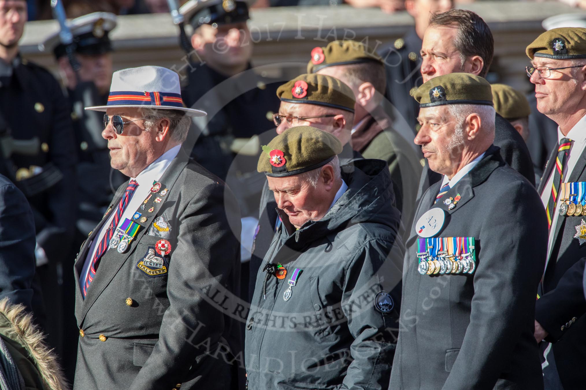 The Royal Anglian Regiment (Group A28, 21 members) during the Royal British Legion March Past on Remembrance Sunday at the Cenotaph, Whitehall, Westminster, London, 11 November 2018, 12:01.