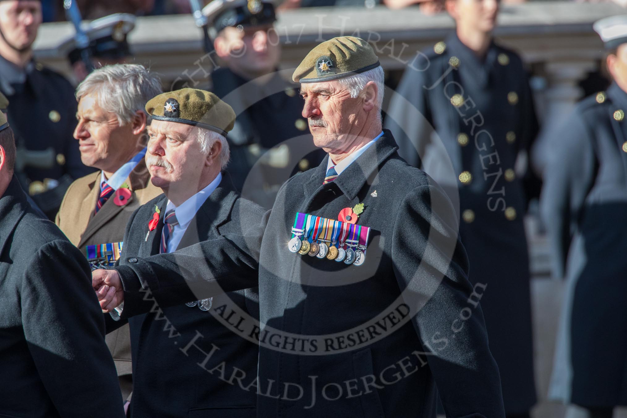 The Royal Anglian Regiment (Group A28, 21 members) during the Royal British Legion March Past on Remembrance Sunday at the Cenotaph, Whitehall, Westminster, London, 11 November 2018, 12:01.