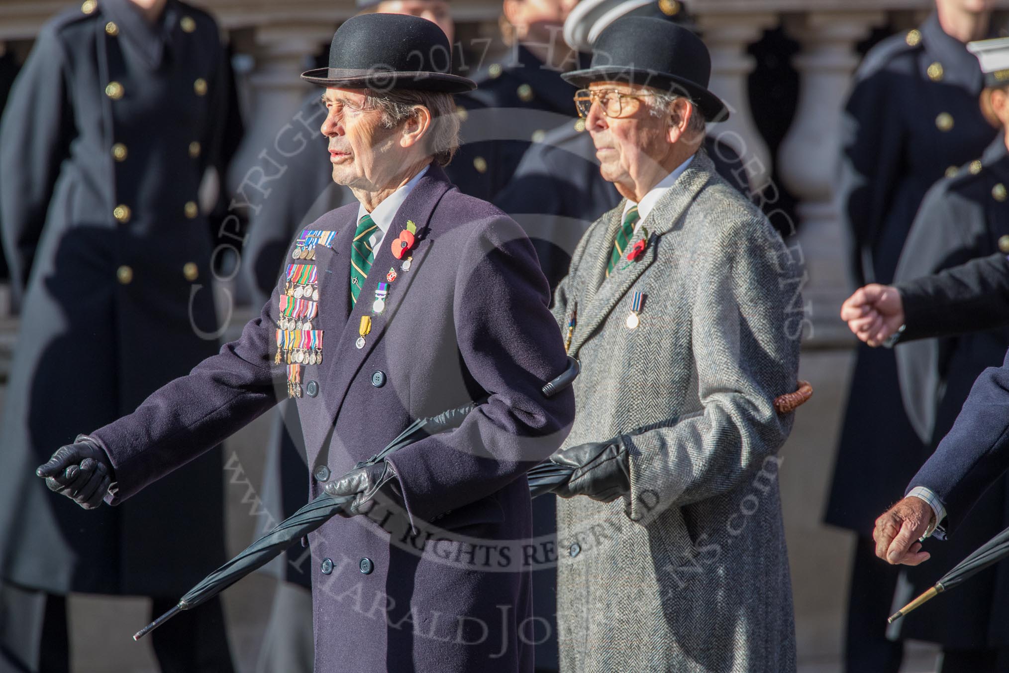 The Staffordshire Regiment (Group A29, 54 members) during the Royal British Legion March Past on Remembrance Sunday at the Cenotaph, Whitehall, Westminster, London, 11 November 2018, 12:01.