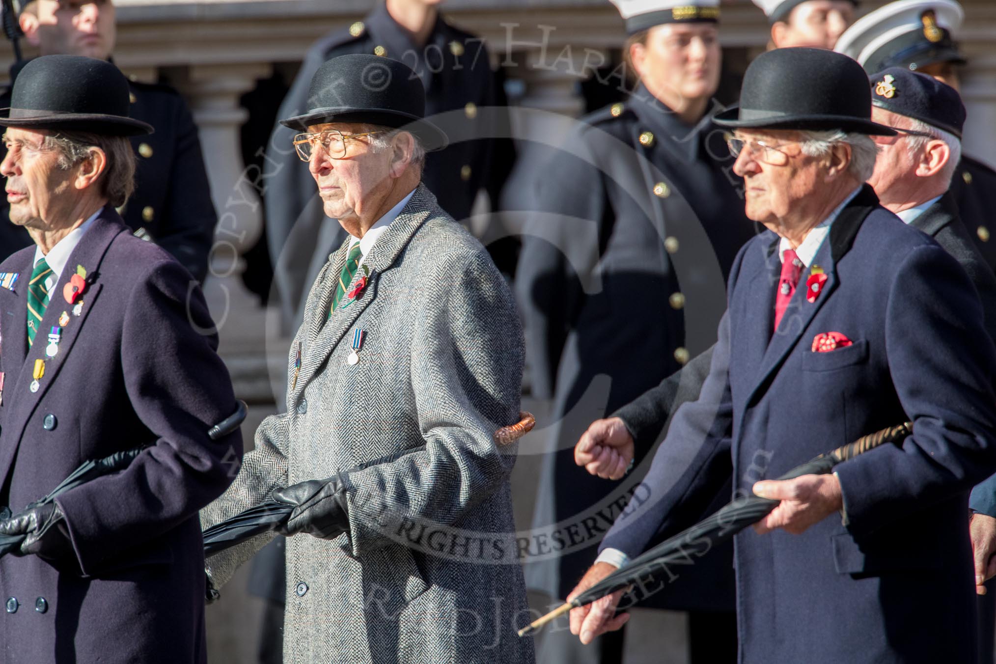 The Staffordshire Regiment (Group A29, 54 members) during the Royal British Legion March Past on Remembrance Sunday at the Cenotaph, Whitehall, Westminster, London, 11 November 2018, 12:01.