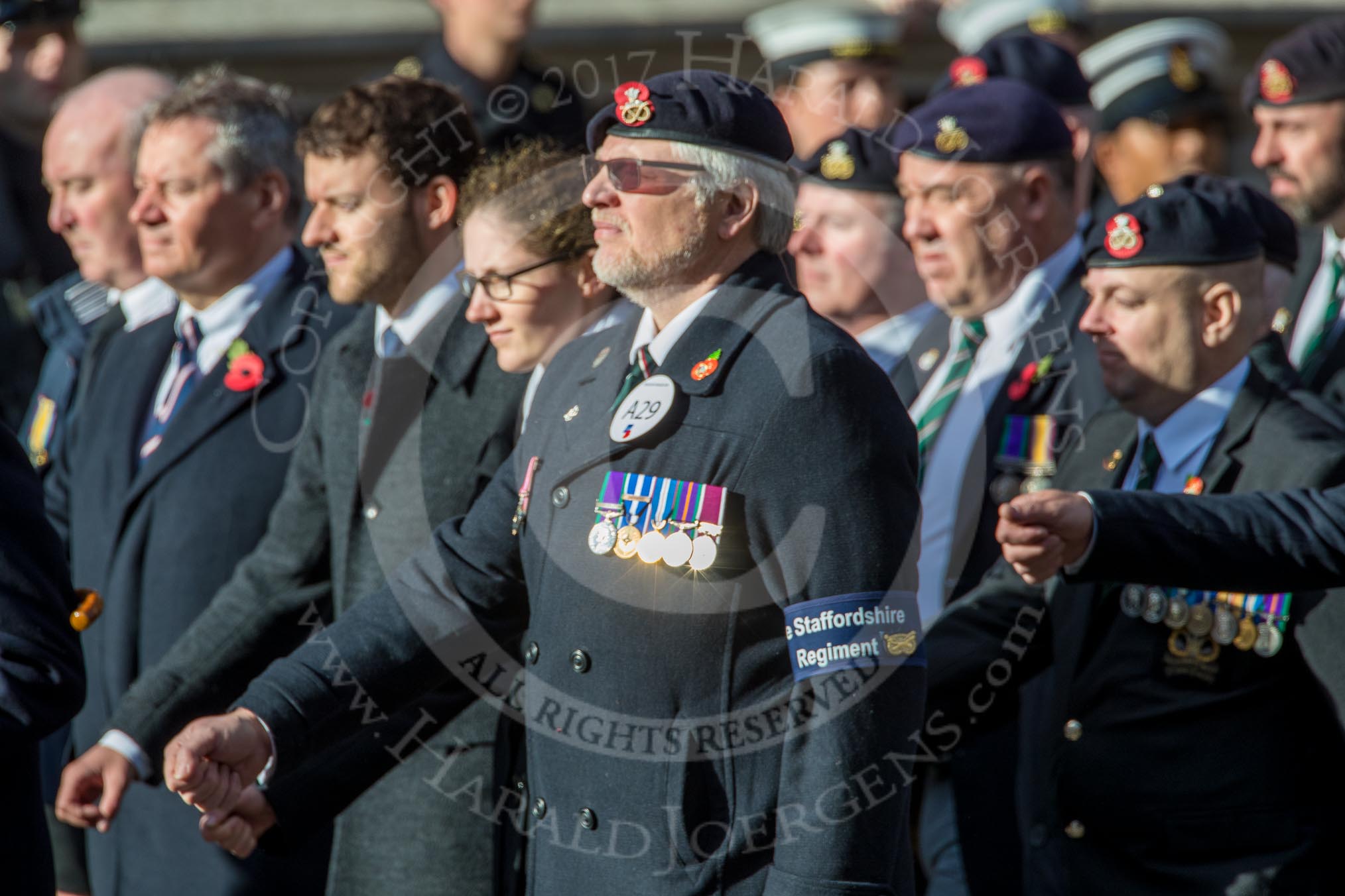 The Staffordshire Regiment (Group A29, 54 members) during the Royal British Legion March Past on Remembrance Sunday at the Cenotaph, Whitehall, Westminster, London, 11 November 2018, 12:01.