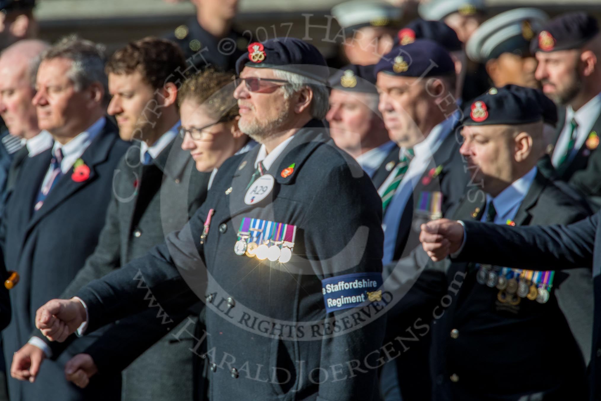 The Staffordshire Regiment (Group A29, 54 members) during the Royal British Legion March Past on Remembrance Sunday at the Cenotaph, Whitehall, Westminster, London, 11 November 2018, 12:01.