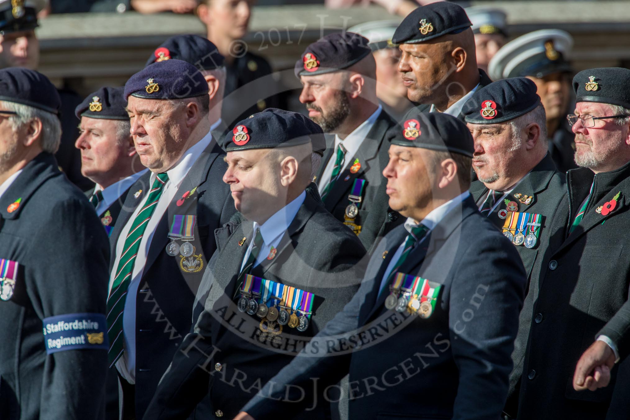 The Staffordshire Regiment (Group A29, 54 members) during the Royal British Legion March Past on Remembrance Sunday at the Cenotaph, Whitehall, Westminster, London, 11 November 2018, 12:01.