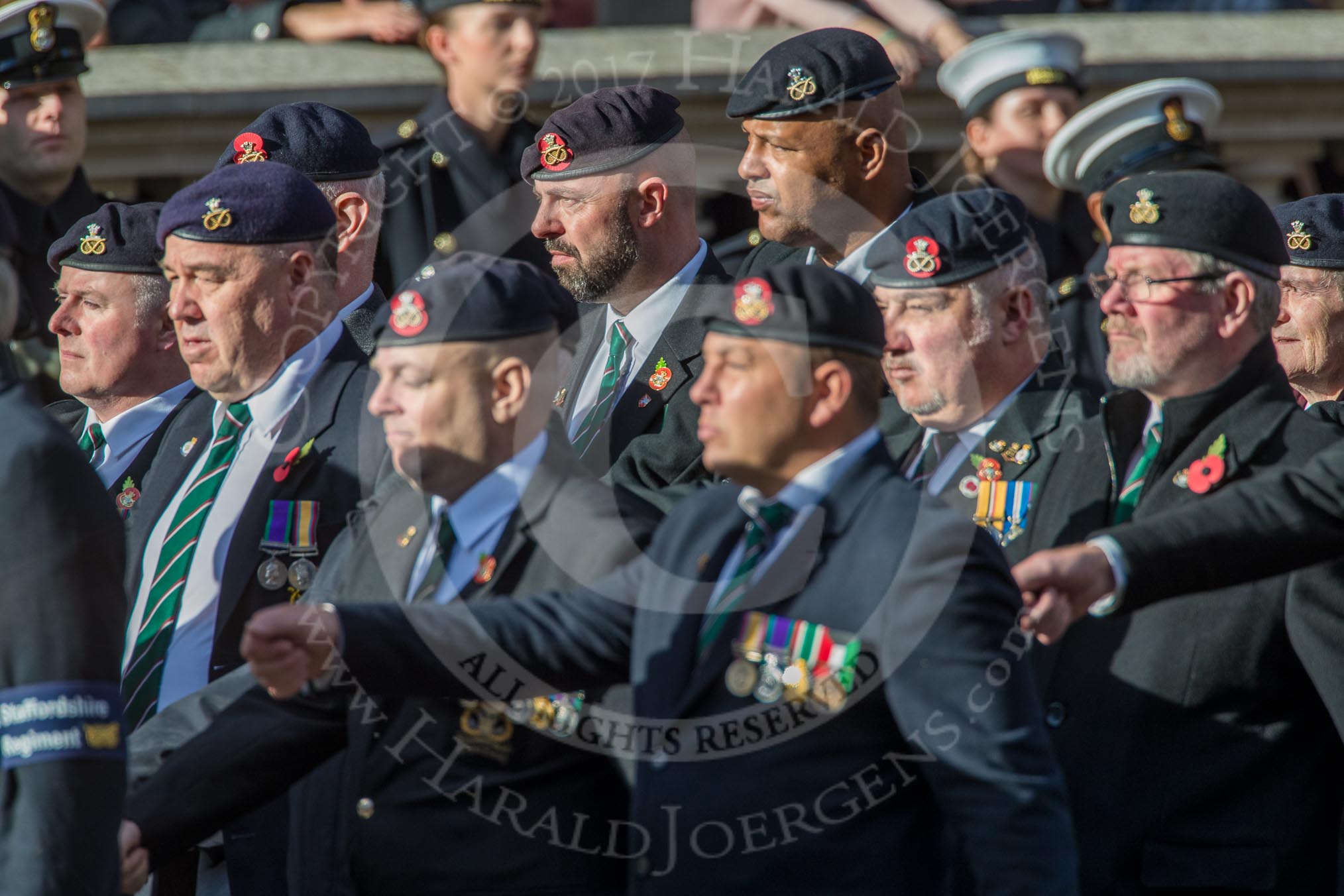 The Staffordshire Regiment (Group A29, 54 members) during the Royal British Legion March Past on Remembrance Sunday at the Cenotaph, Whitehall, Westminster, London, 11 November 2018, 12:01.