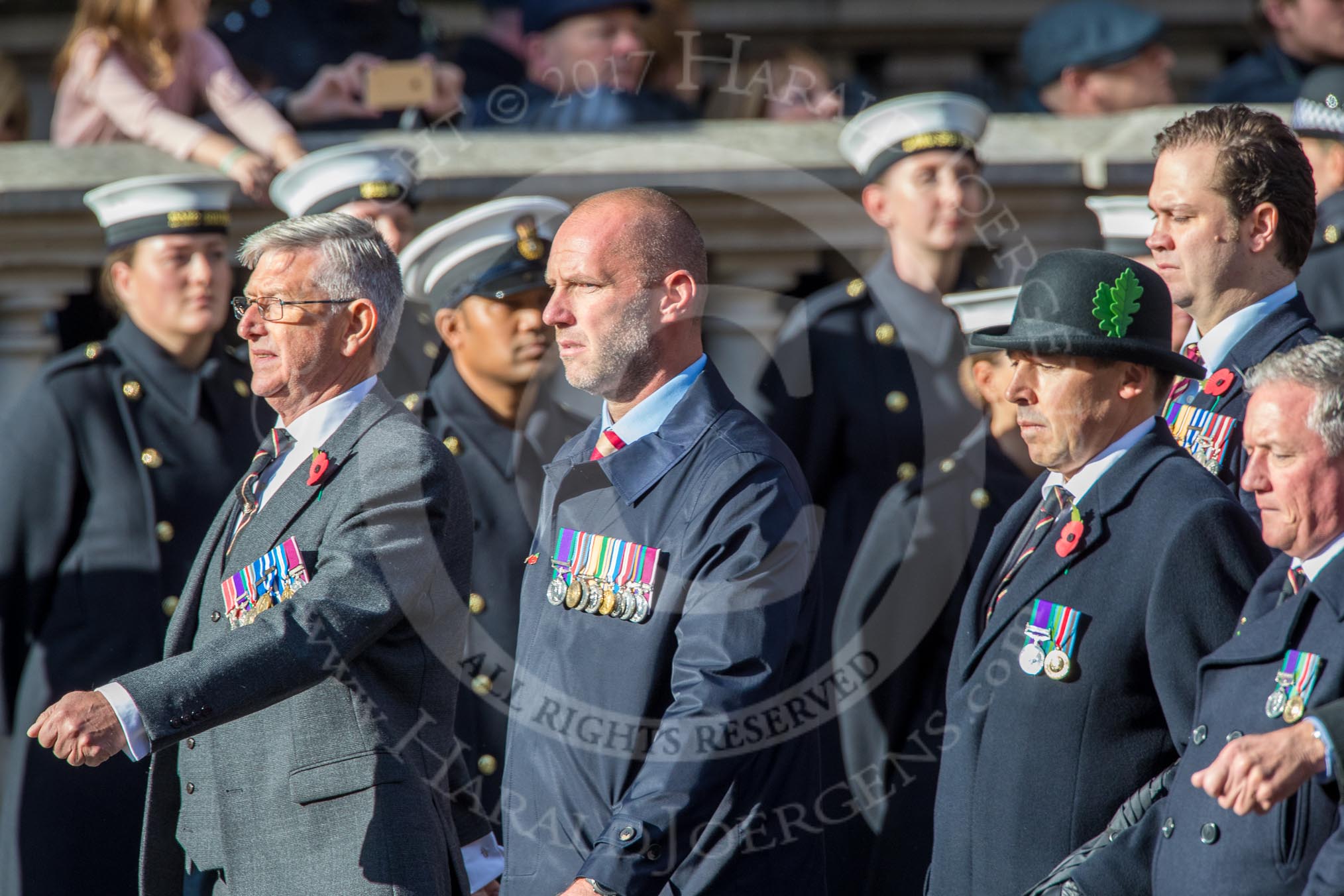 Cheshire Regiment Association (Group A30, 24 members) during the Royal British Legion March Past on Remembrance Sunday at the Cenotaph, Whitehall, Westminster, London, 11 November 2018, 12:01.