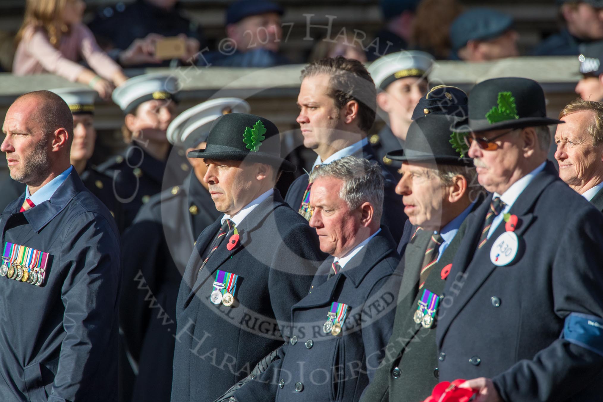 Cheshire Regiment Association (Group A30, 24 members) during the Royal British Legion March Past on Remembrance Sunday at the Cenotaph, Whitehall, Westminster, London, 11 November 2018, 12:01.