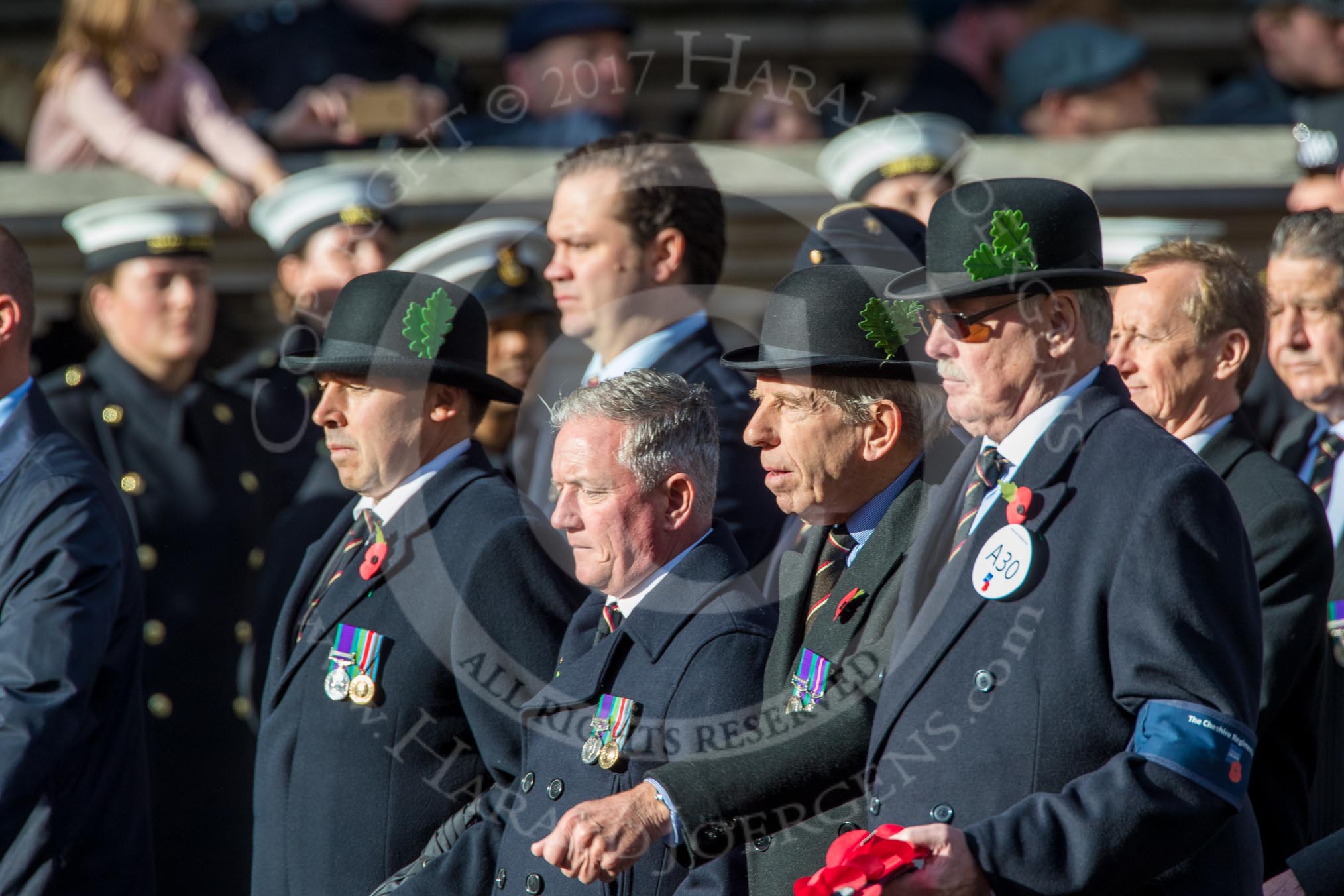 Cheshire Regiment Association (Group A30, 24 members) during the Royal British Legion March Past on Remembrance Sunday at the Cenotaph, Whitehall, Westminster, London, 11 November 2018, 12:01.