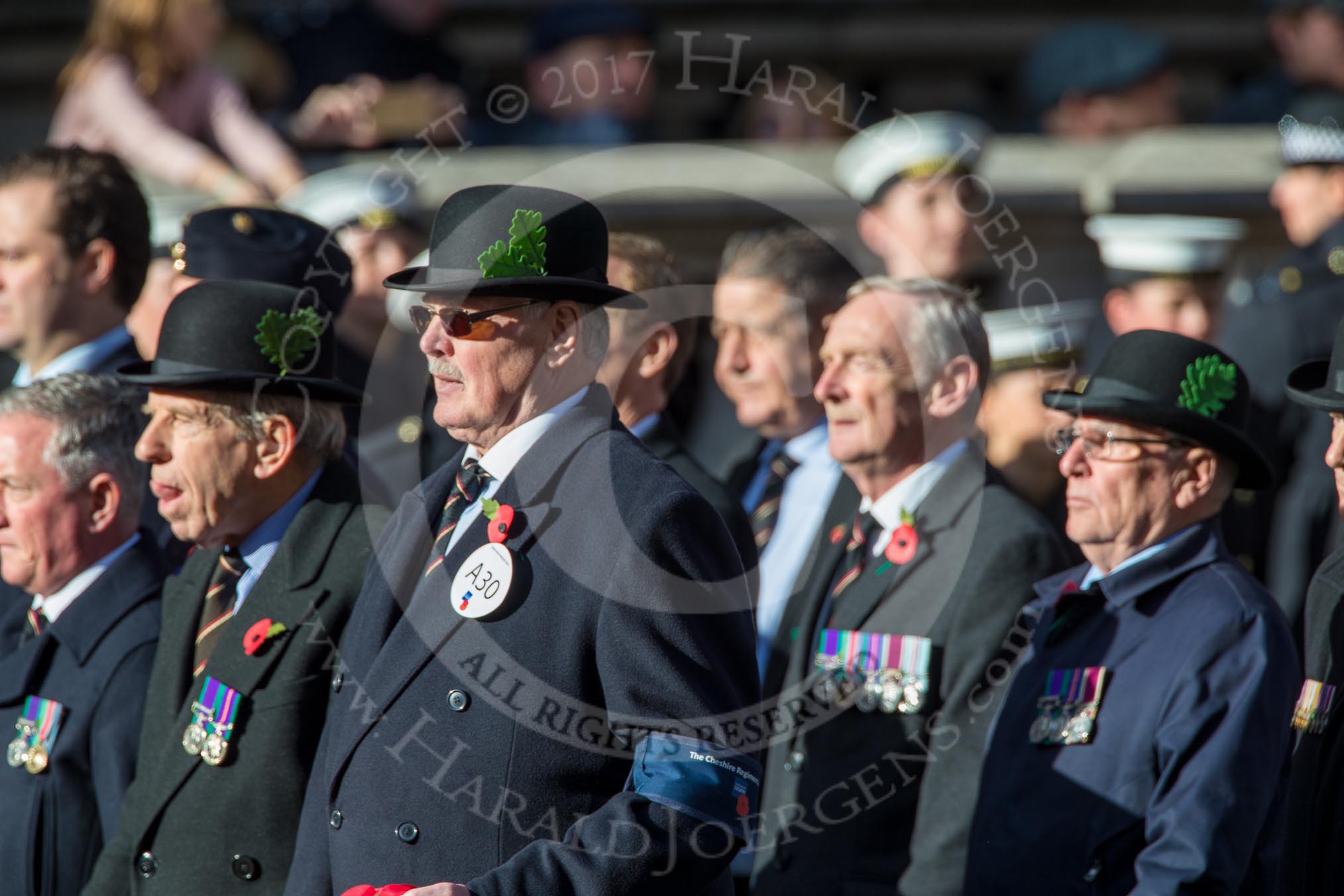 Cheshire Regiment Association (Group A30, 24 members) during the Royal British Legion March Past on Remembrance Sunday at the Cenotaph, Whitehall, Westminster, London, 11 November 2018, 12:01.