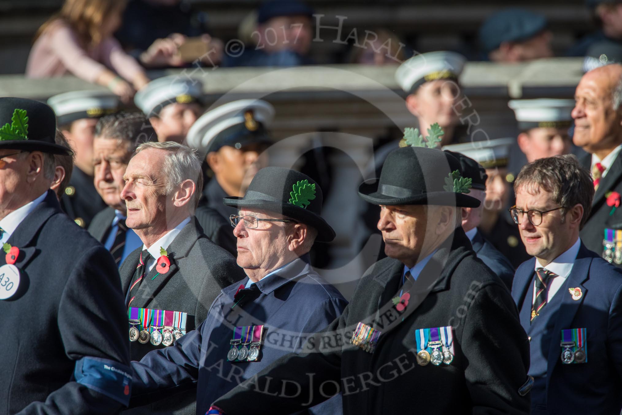 Cheshire Regiment Association (Group A30, 24 members) during the Royal British Legion March Past on Remembrance Sunday at the Cenotaph, Whitehall, Westminster, London, 11 November 2018, 12:01.