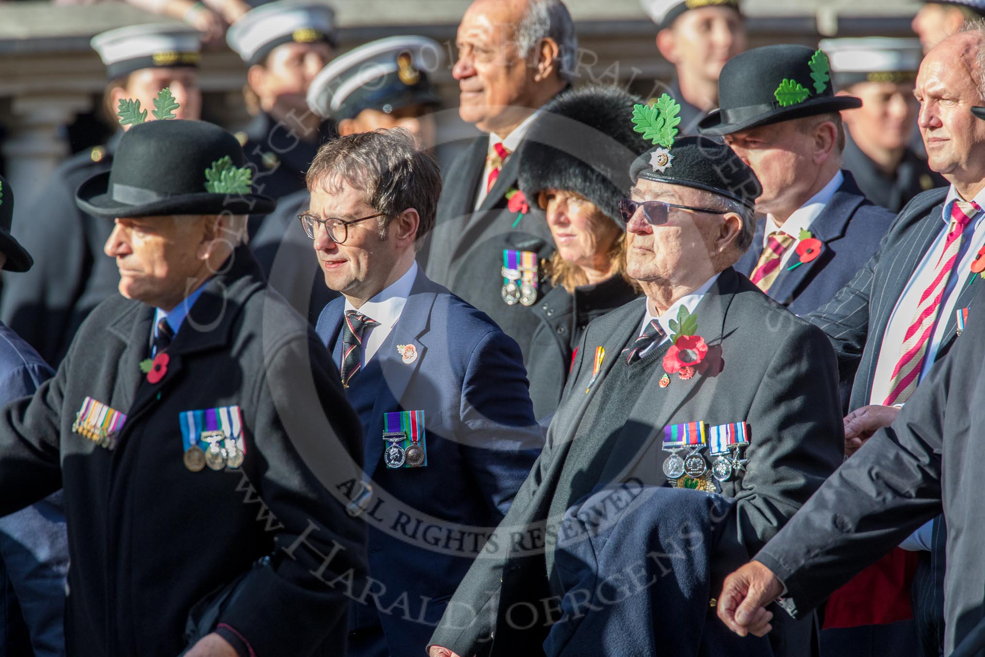 Cheshire Regiment Association (Group A30, 24 members) during the Royal British Legion March Past on Remembrance Sunday at the Cenotaph, Whitehall, Westminster, London, 11 November 2018, 12:01.