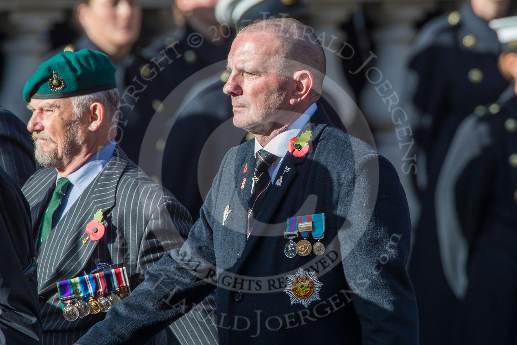 Cheshire Regiment Association (Group A30, 24 members) during the Royal British Legion March Past on Remembrance Sunday at the Cenotaph, Whitehall, Westminster, London, 11 November 2018, 12:01.