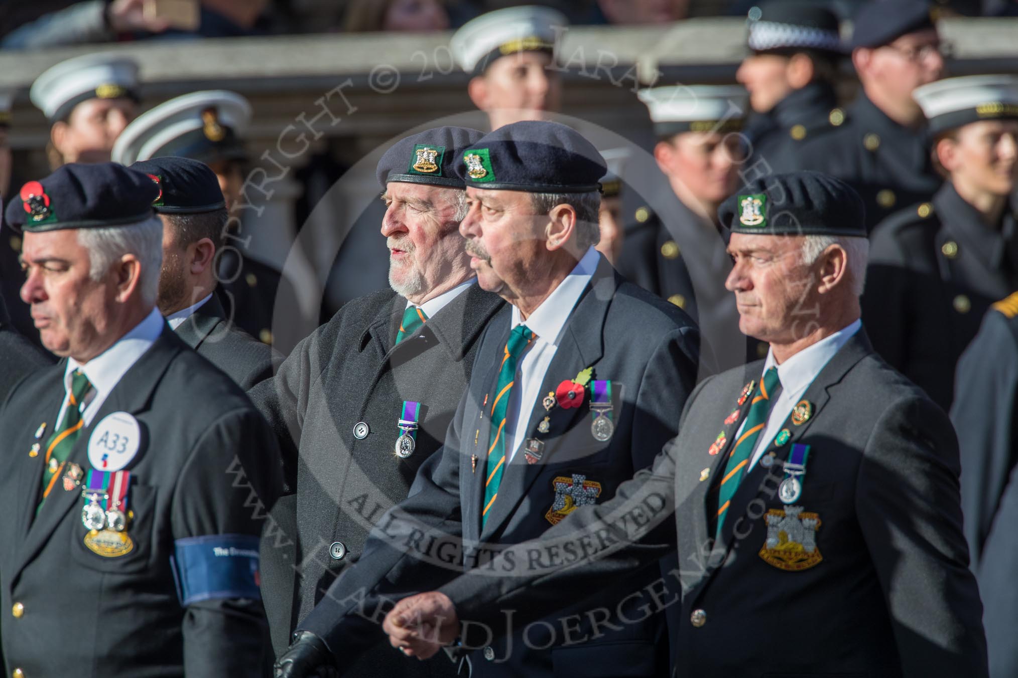 The Devonshire and Dorset Regimental Association (Group A33, 20 members) during the Royal British Legion March Past on Remembrance Sunday at the Cenotaph, Whitehall, Westminster, London, 11 November 2018, 12:02.