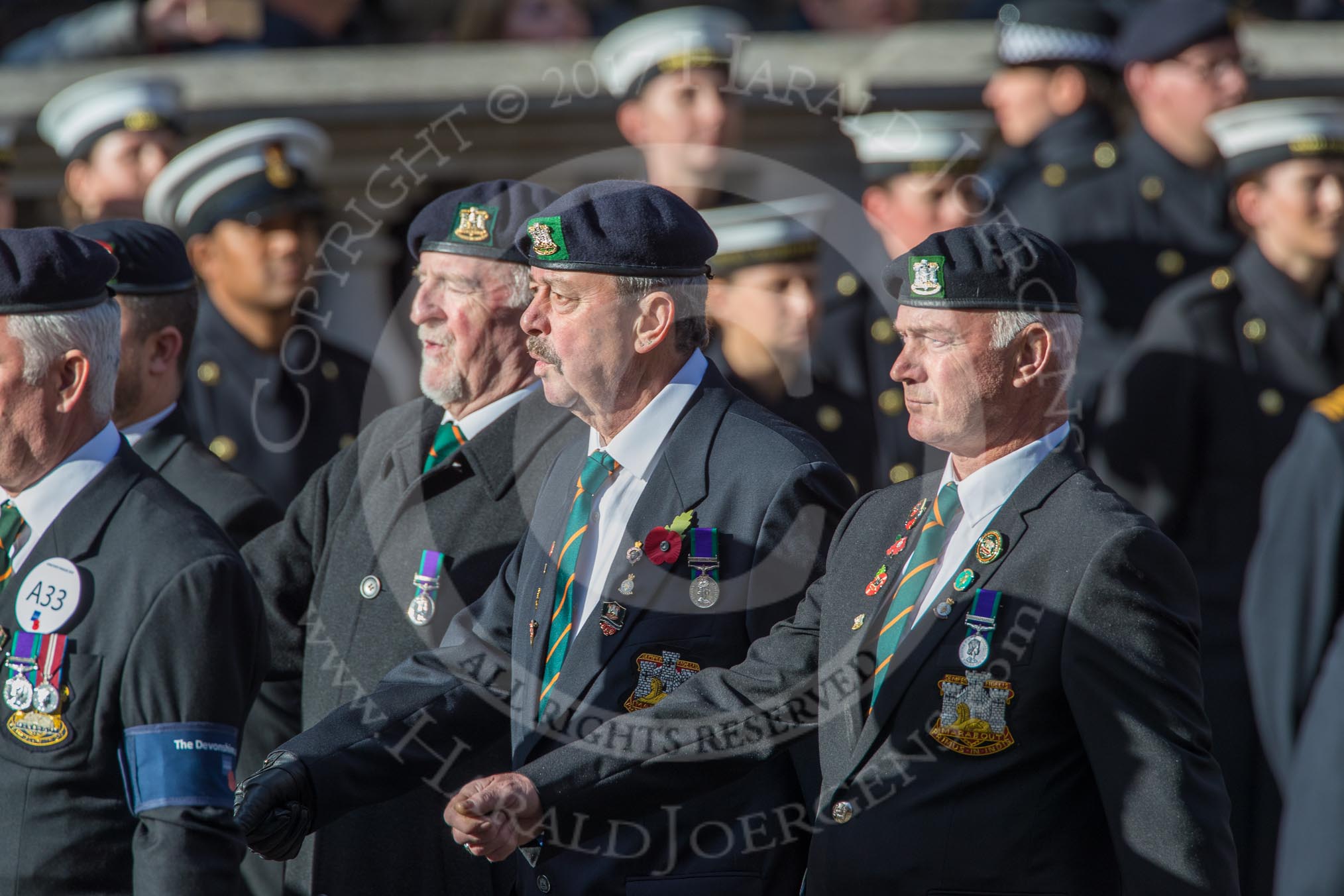 The Devonshire and Dorset Regimental Association (Group A33, 20 members) during the Royal British Legion March Past on Remembrance Sunday at the Cenotaph, Whitehall, Westminster, London, 11 November 2018, 12:02.