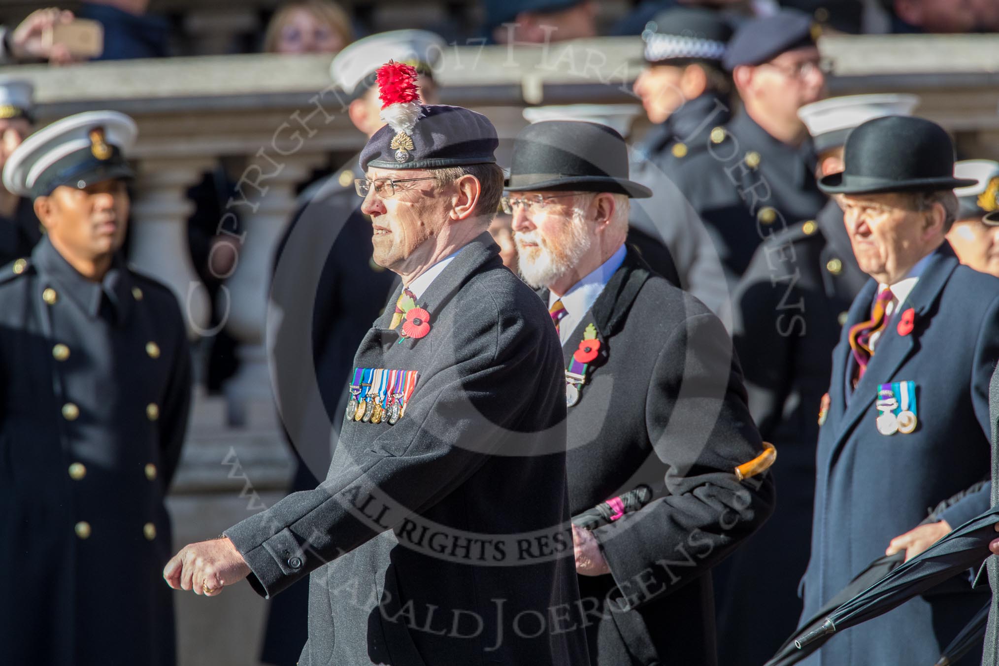 The Northumberland Fusiliers All Ranks Club (Group A34, 41 members) during the Royal British Legion March Past on Remembrance Sunday at the Cenotaph, Whitehall, Westminster, London, 11 November 2018, 12:02.