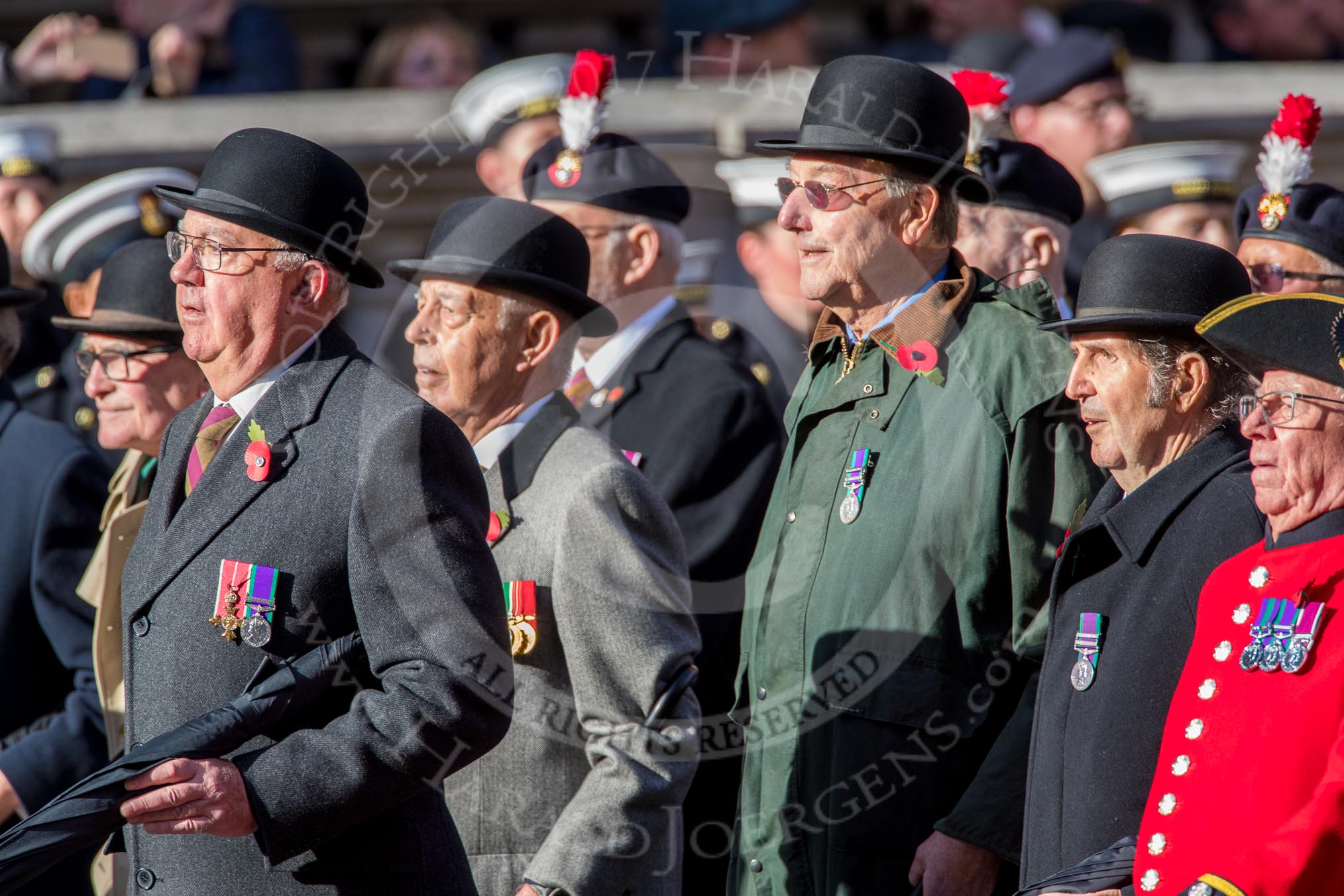 The Northumberland Fusiliers All Ranks Club (Group A34, 41 members) during the Royal British Legion March Past on Remembrance Sunday at the Cenotaph, Whitehall, Westminster, London, 11 November 2018, 12:02.