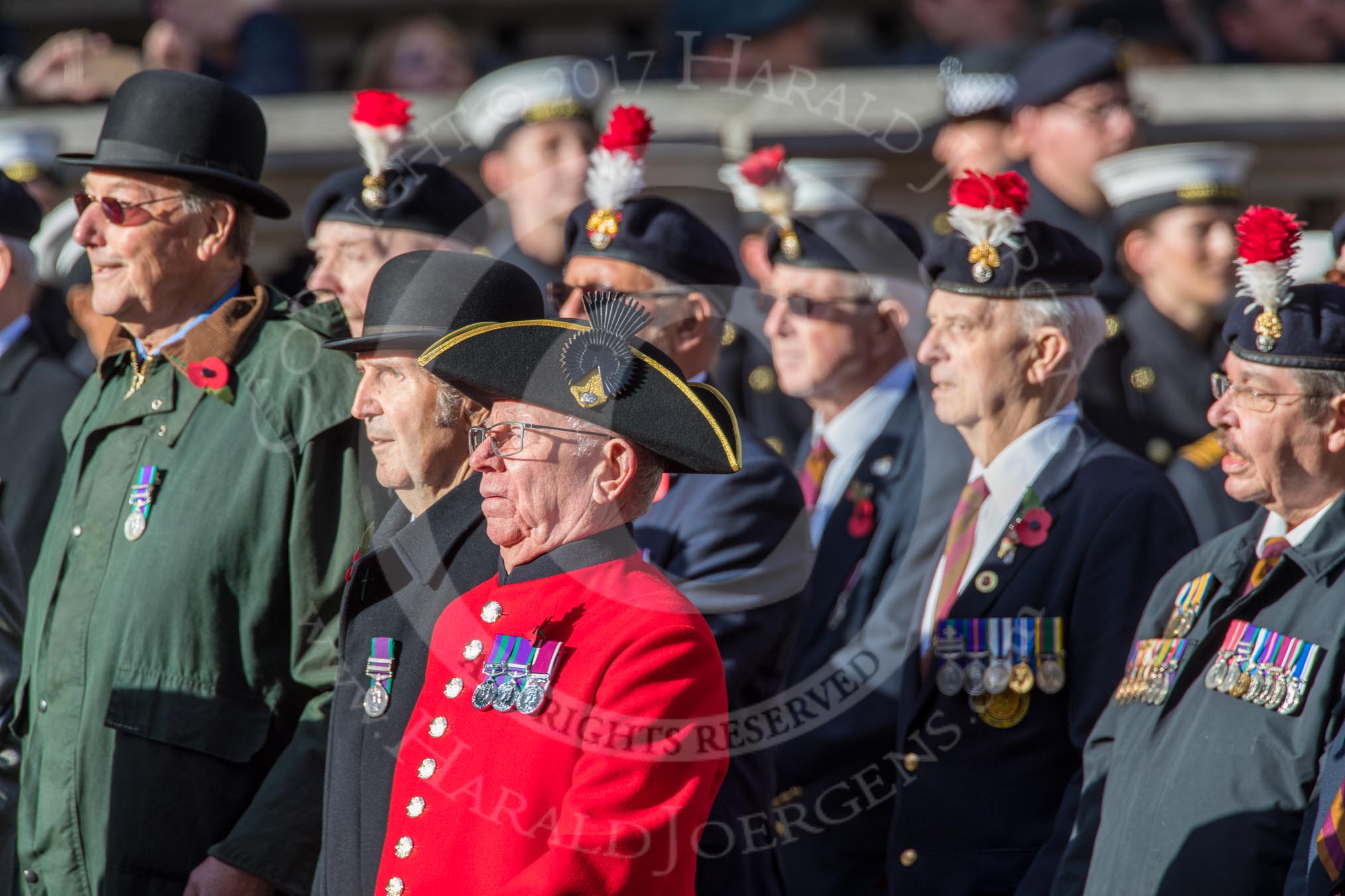 The Northumberland Fusiliers All Ranks Club (Group A34, 41 members) during the Royal British Legion March Past on Remembrance Sunday at the Cenotaph, Whitehall, Westminster, London, 11 November 2018, 12:02.