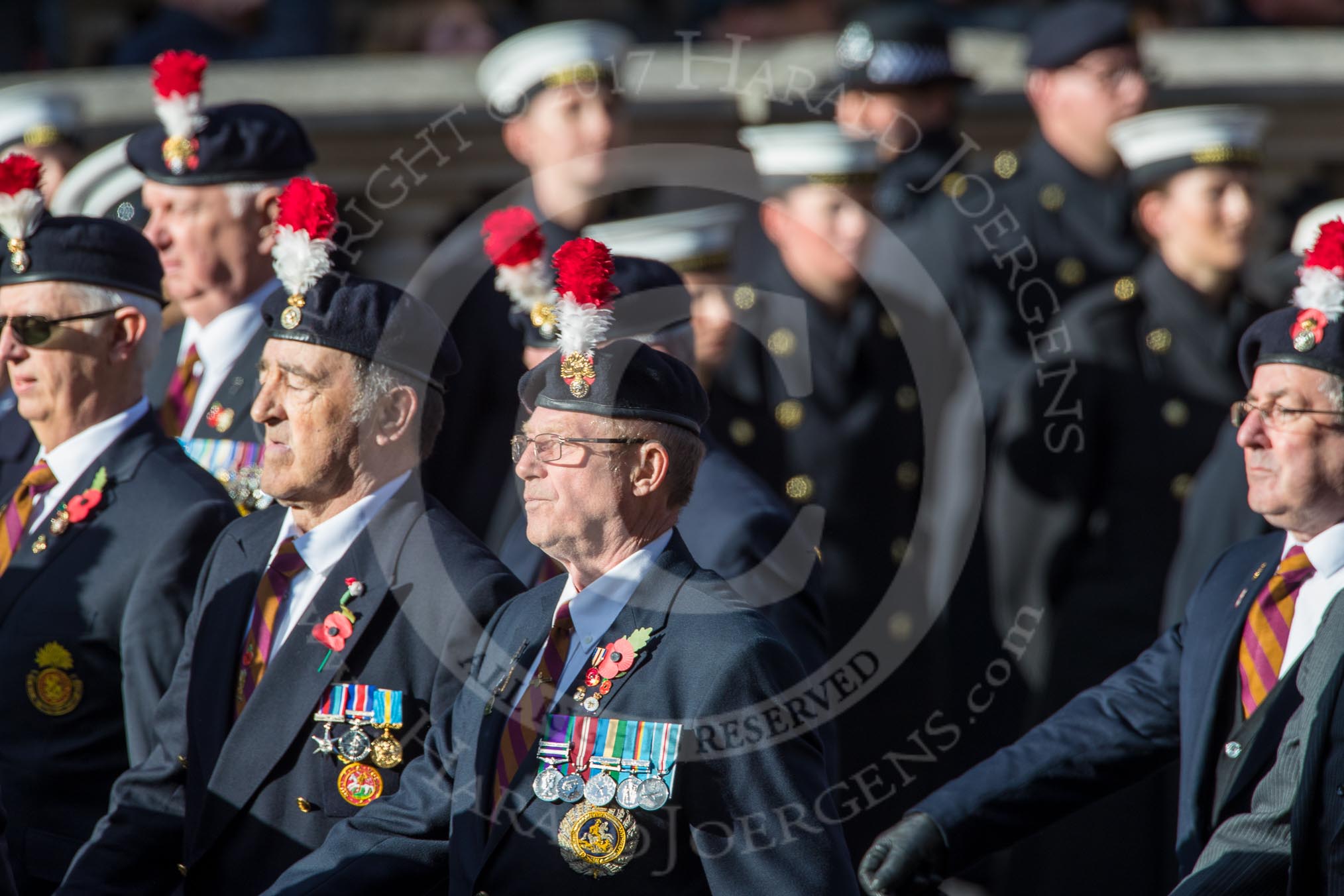 The Northumberland Fusiliers All Ranks Club (Group A34, 41 members) during the Royal British Legion March Past on Remembrance Sunday at the Cenotaph, Whitehall, Westminster, London, 11 November 2018, 12:02.