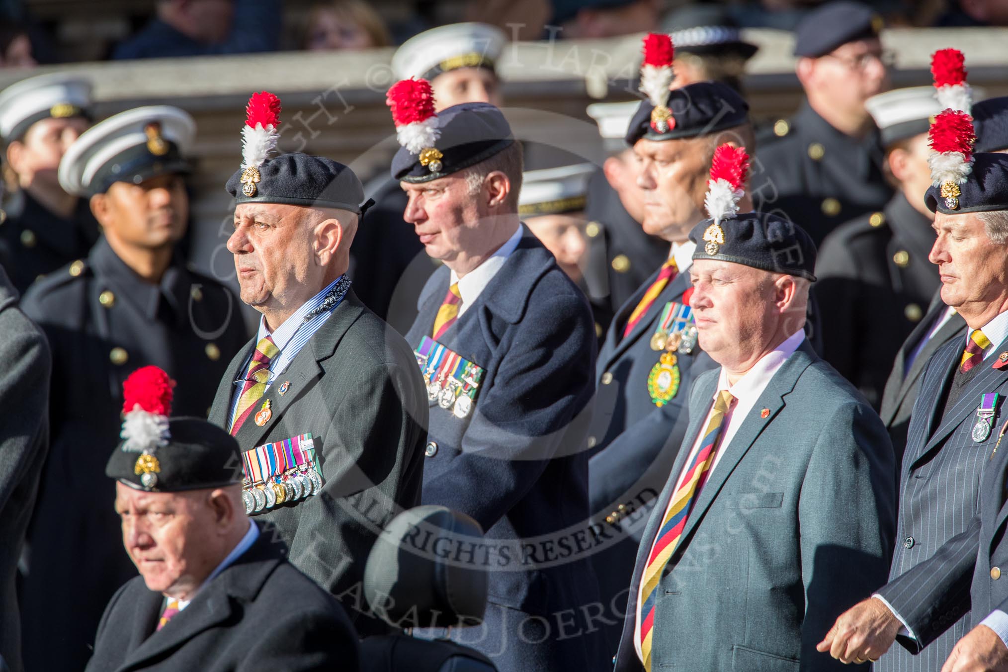 The Northumberland Fusiliers All Ranks Club (Group A34, 41 members) during the Royal British Legion March Past on Remembrance Sunday at the Cenotaph, Whitehall, Westminster, London, 11 November 2018, 12:02.