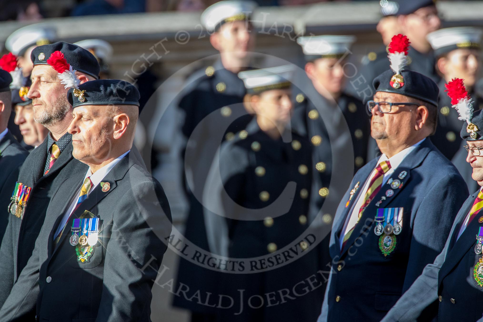 Fusiliers Association  Lancashire (Group A35, 34 members) during the Royal British Legion March Past on Remembrance Sunday at the Cenotaph, Whitehall, Westminster, London, 11 November 2018, 12:02.