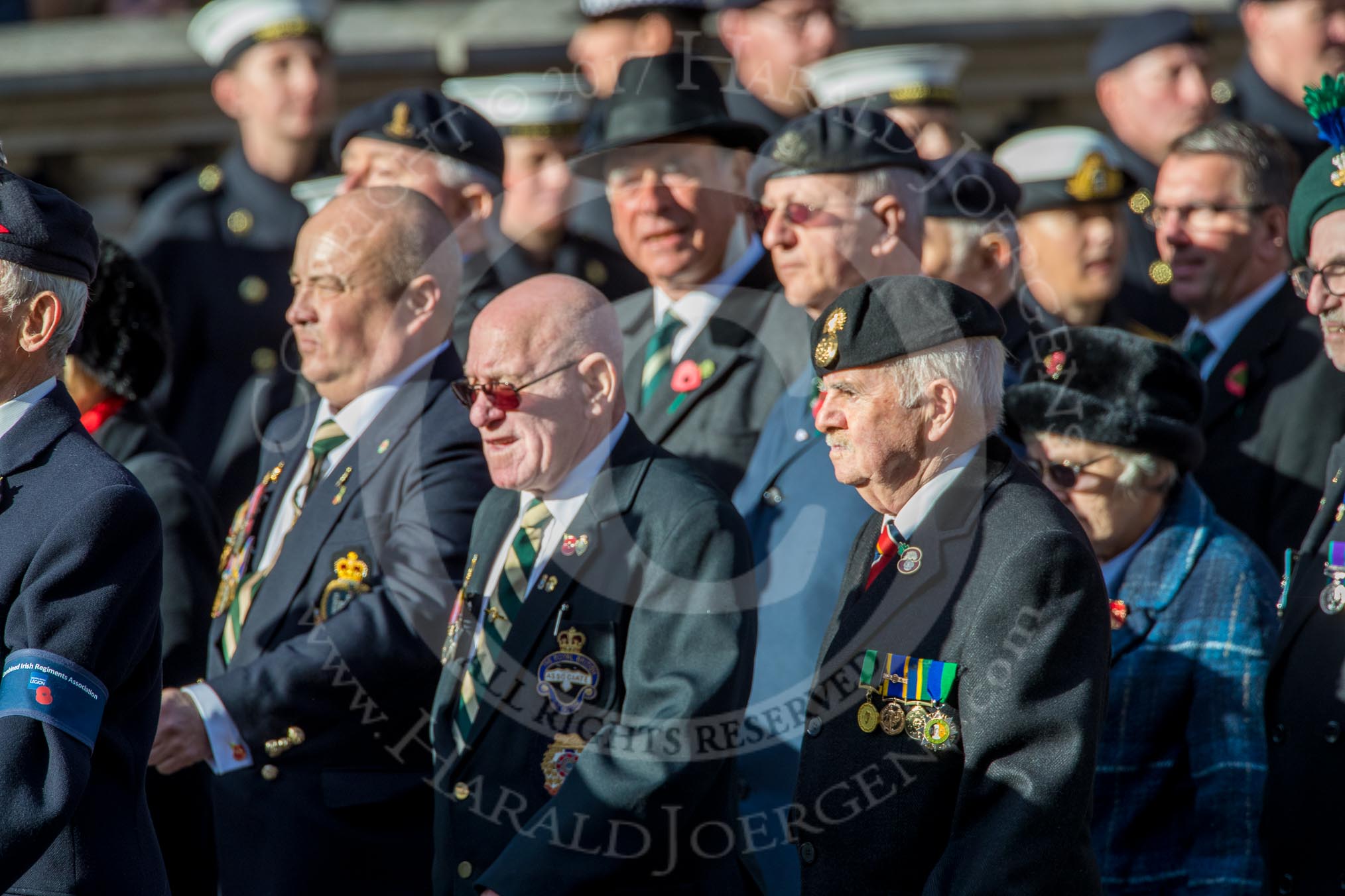 Combined Irish Regiments Association (Group A36, 34 members) during the Royal British Legion March Past on Remembrance Sunday at the Cenotaph, Whitehall, Westminster, London, 11 November 2018, 12:02.