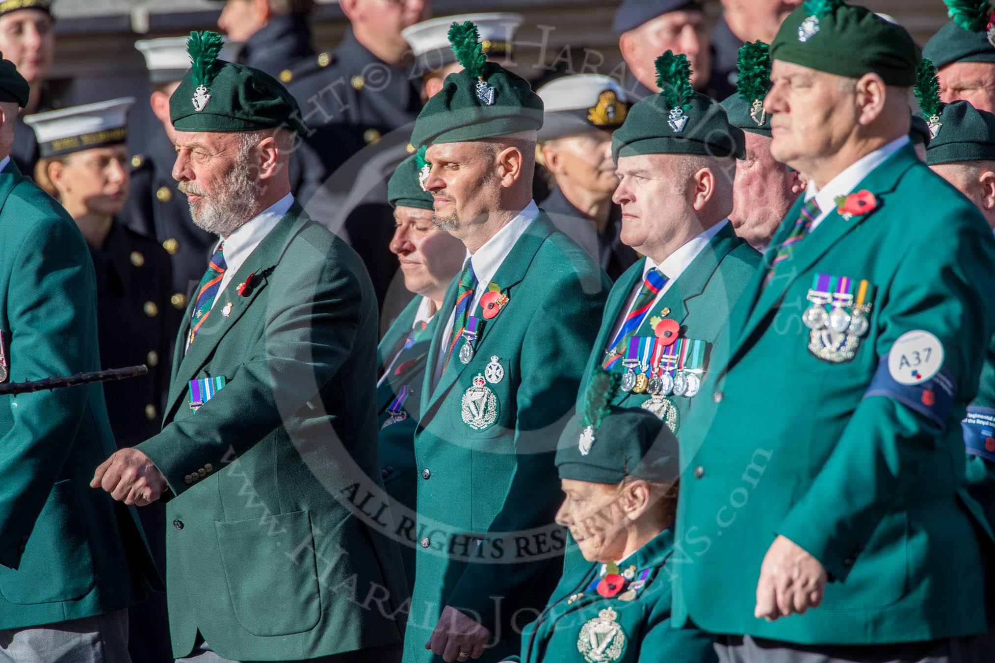 Regimental Association  of the Royal Irish Association (Group A37, 39 members) during the Royal British Legion March Past on Remembrance Sunday at the Cenotaph, Whitehall, Westminster, London, 11 November 2018, 12:02.