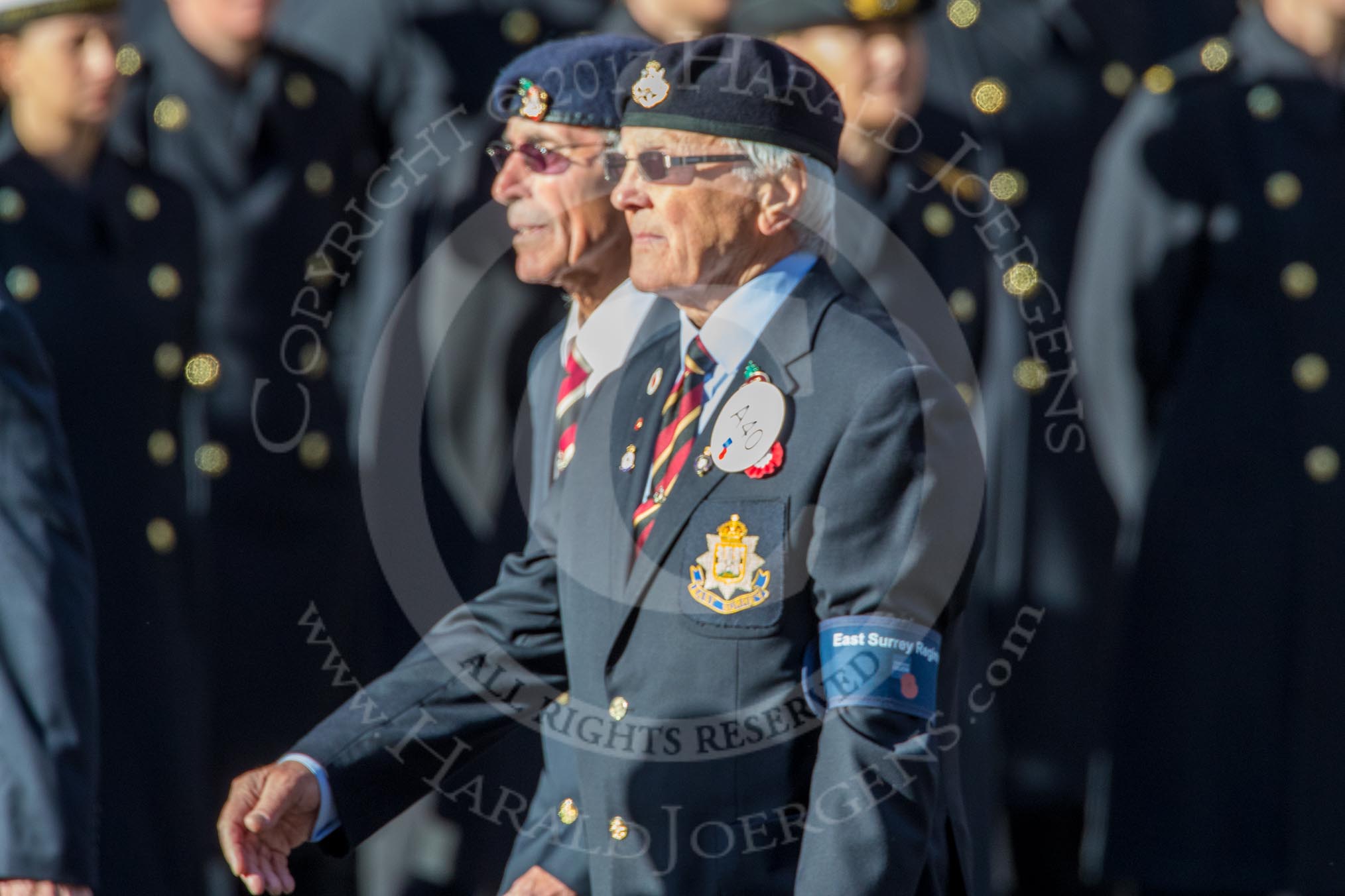 The East Surrey Regimental Reunion Association (Group A40, 6 members) during the Royal British Legion March Past on Remembrance Sunday at the Cenotaph, Whitehall, Westminster, London, 11 November 2018, 12:03.