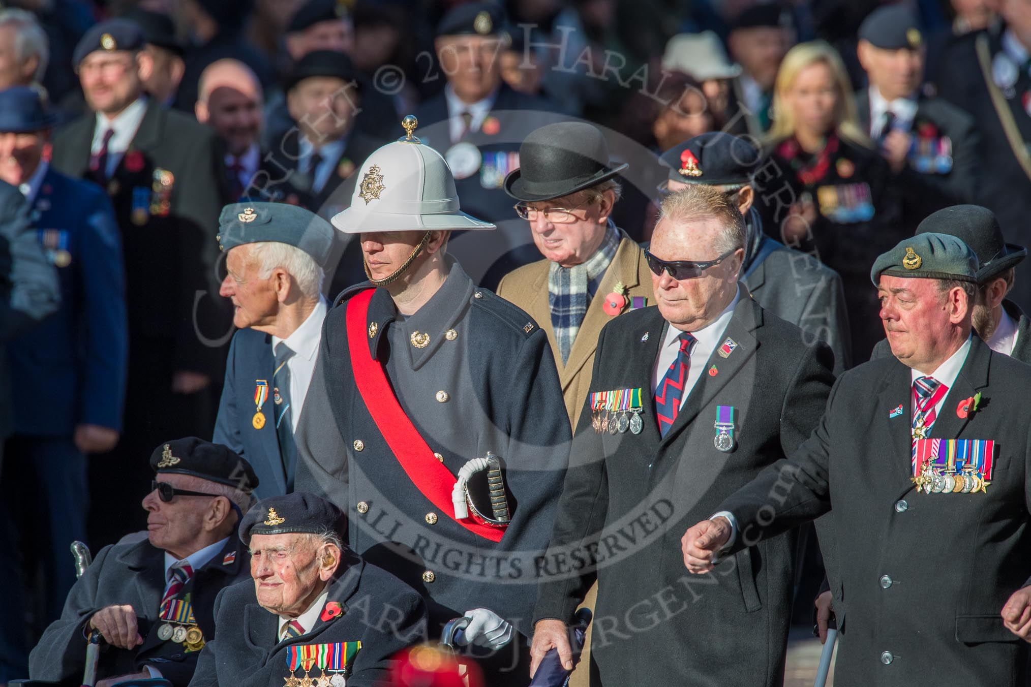 Blind Veterans UK (Group AA7, 215 members) during the Royal British Legion March Past on Remembrance Sunday at the Cenotaph, Whitehall, Westminster, London, 11 November 2018, 12:04.