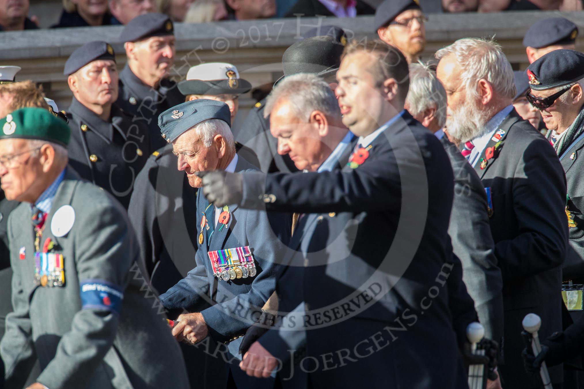 Blind Veterans UK (Group AA7, 215 members) during the Royal British Legion March Past on Remembrance Sunday at the Cenotaph, Whitehall, Westminster, London, 11 November 2018, 12:04.