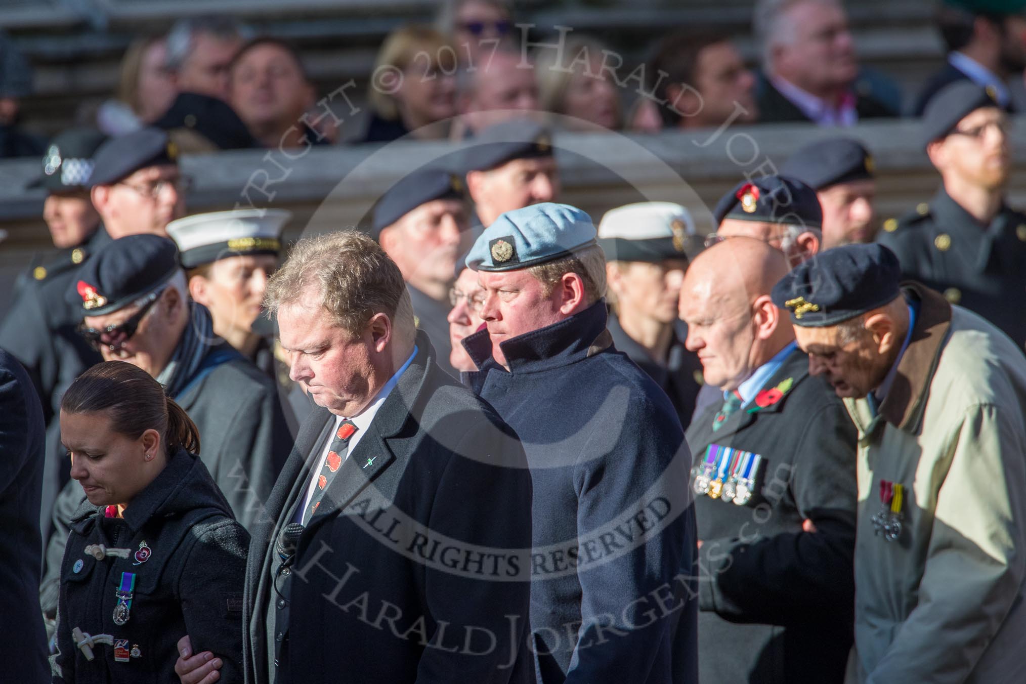 Blind Veterans UK (Group AA7, 215 members) during the Royal British Legion March Past on Remembrance Sunday at the Cenotaph, Whitehall, Westminster, London, 11 November 2018, 12:04.