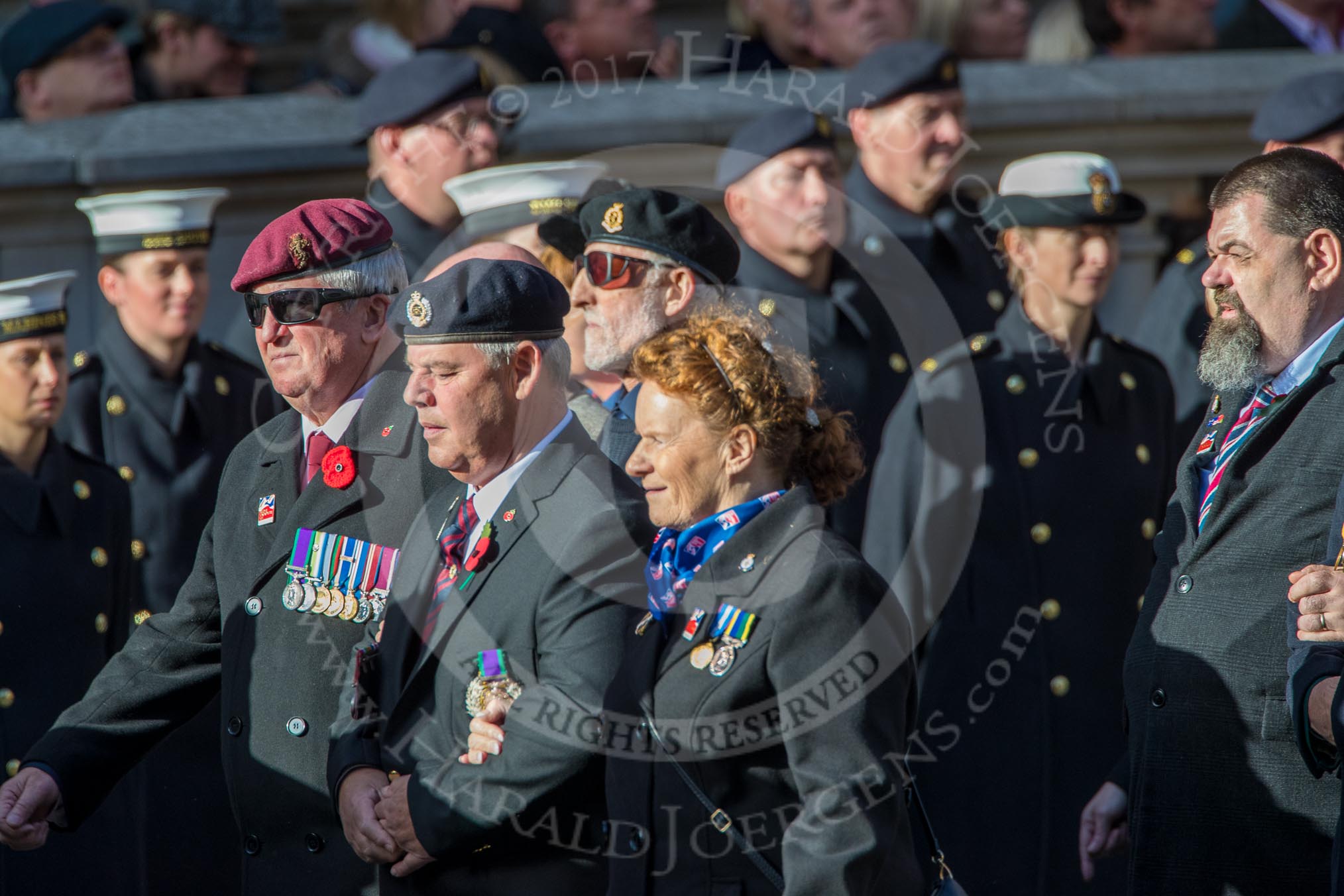 Blind Veterans UK (Group AA7, 215 members) during the Royal British Legion March Past on Remembrance Sunday at the Cenotaph, Whitehall, Westminster, London, 11 November 2018, 12:04.