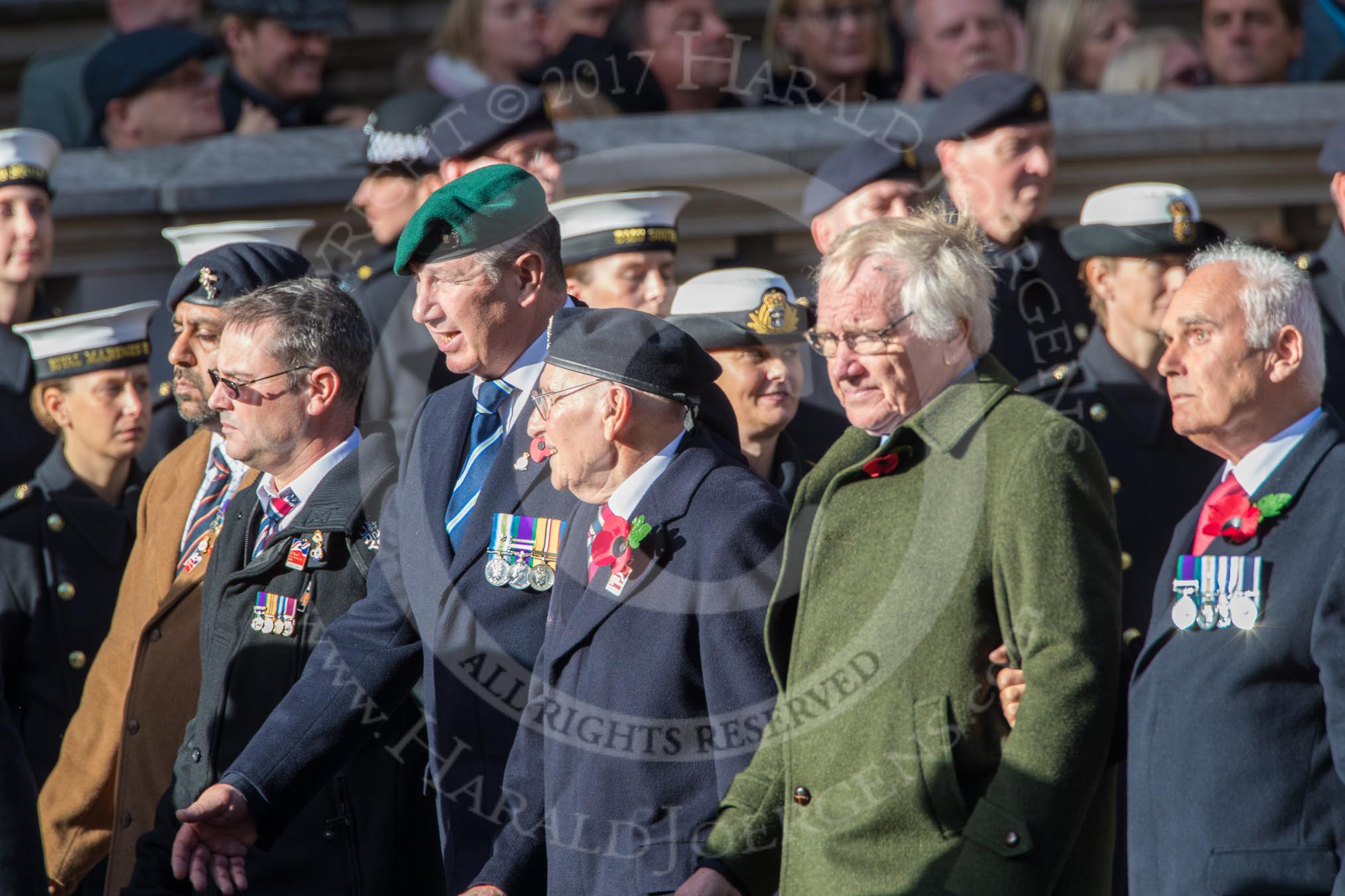 Blind Veterans UK (Group AA7, 215 members) during the Royal British Legion March Past on Remembrance Sunday at the Cenotaph, Whitehall, Westminster, London, 11 November 2018, 12:04.