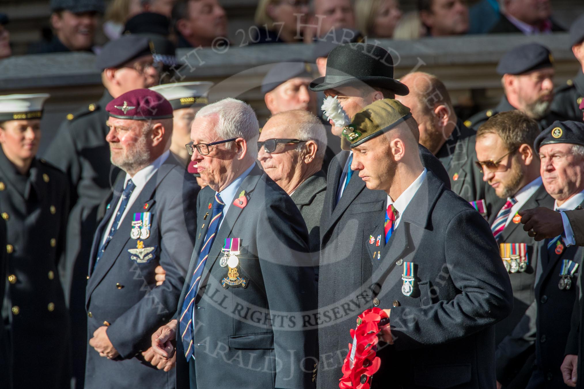 Blind Veterans UK (Group AA7, 215 members) during the Royal British Legion March Past on Remembrance Sunday at the Cenotaph, Whitehall, Westminster, London, 11 November 2018, 12:04.