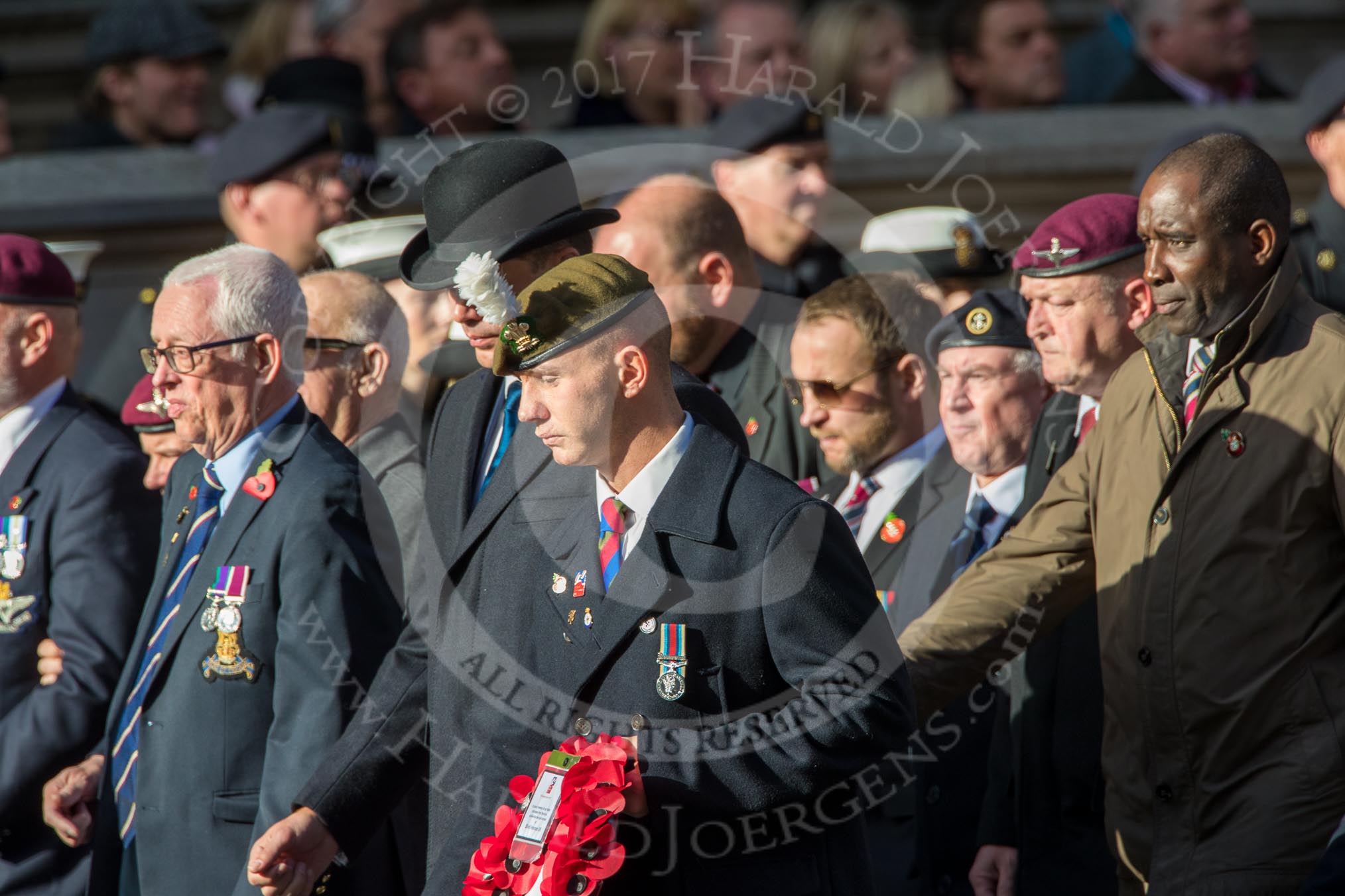 Blind Veterans UK (Group AA7, 215 members) during the Royal British Legion March Past on Remembrance Sunday at the Cenotaph, Whitehall, Westminster, London, 11 November 2018, 12:04.