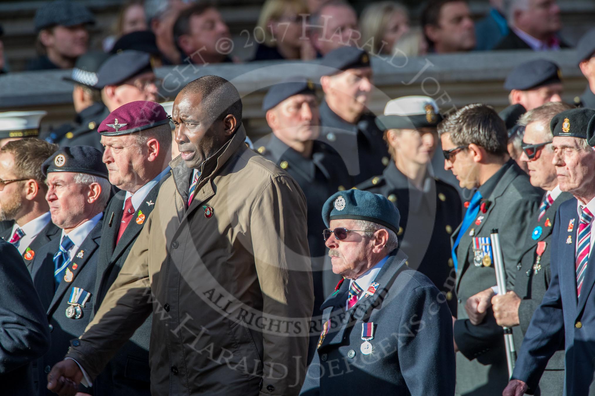 Blind Veterans UK (Group AA7, 215 members) during the Royal British Legion March Past on Remembrance Sunday at the Cenotaph, Whitehall, Westminster, London, 11 November 2018, 12:04.