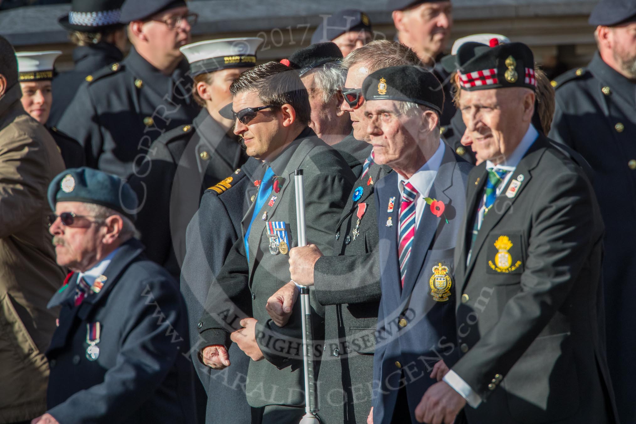 Blind Veterans UK (Group AA7, 215 members) during the Royal British Legion March Past on Remembrance Sunday at the Cenotaph, Whitehall, Westminster, London, 11 November 2018, 12:04.