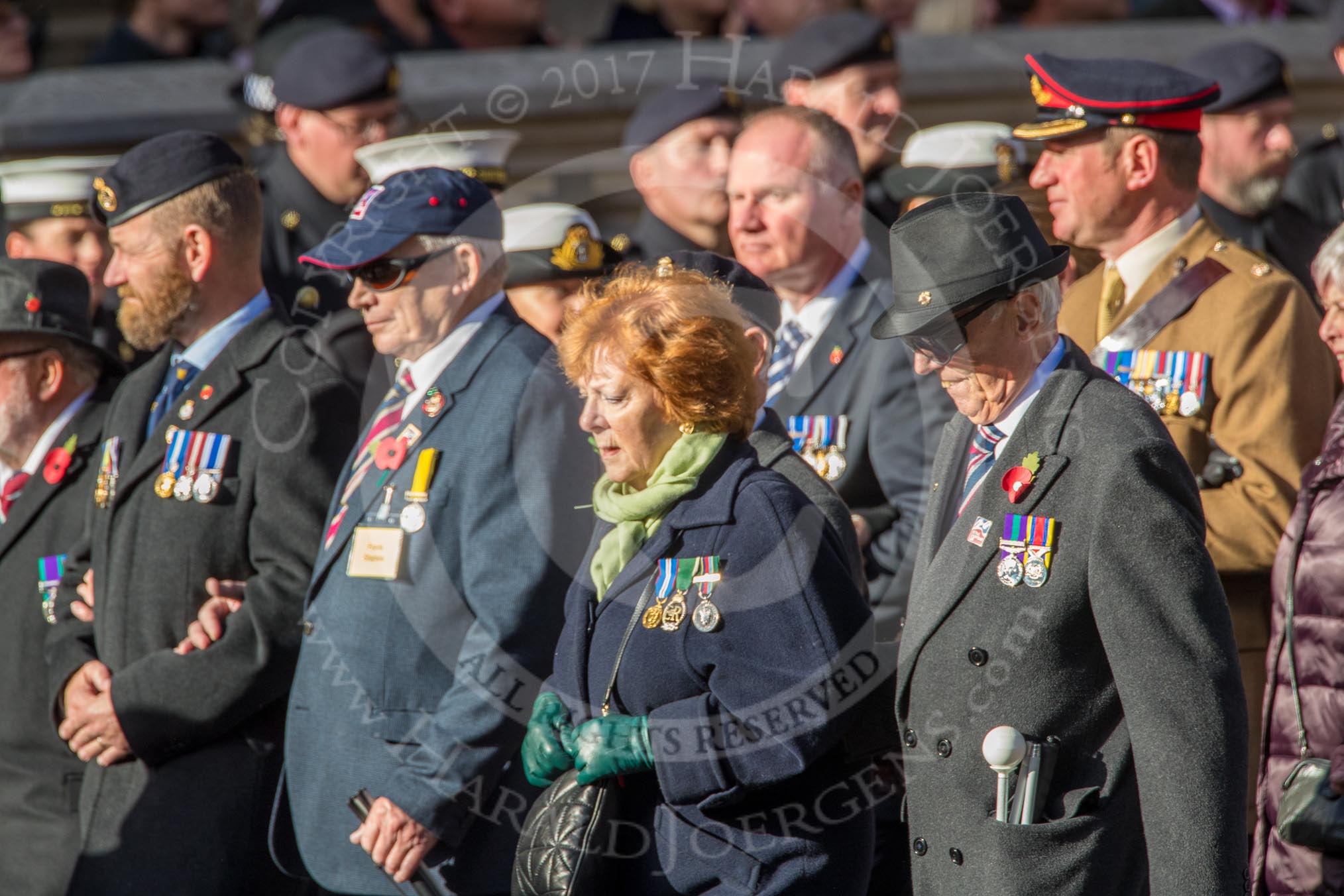 Blind Veterans UK (Group AA7, 215 members) during the Royal British Legion March Past on Remembrance Sunday at the Cenotaph, Whitehall, Westminster, London, 11 November 2018, 12:04.