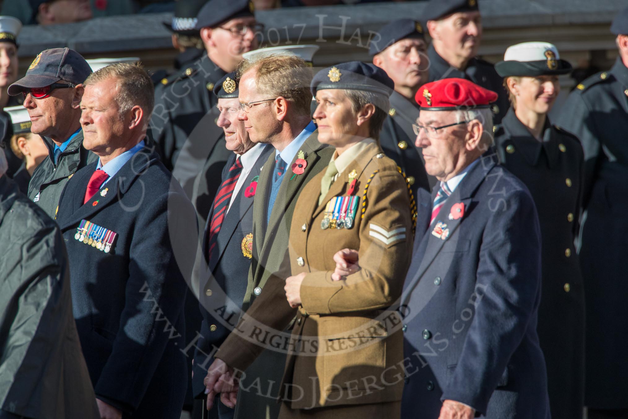 Blind Veterans UK (Group AA7, 215 members) during the Royal British Legion March Past on Remembrance Sunday at the Cenotaph, Whitehall, Westminster, London, 11 November 2018, 12:05.