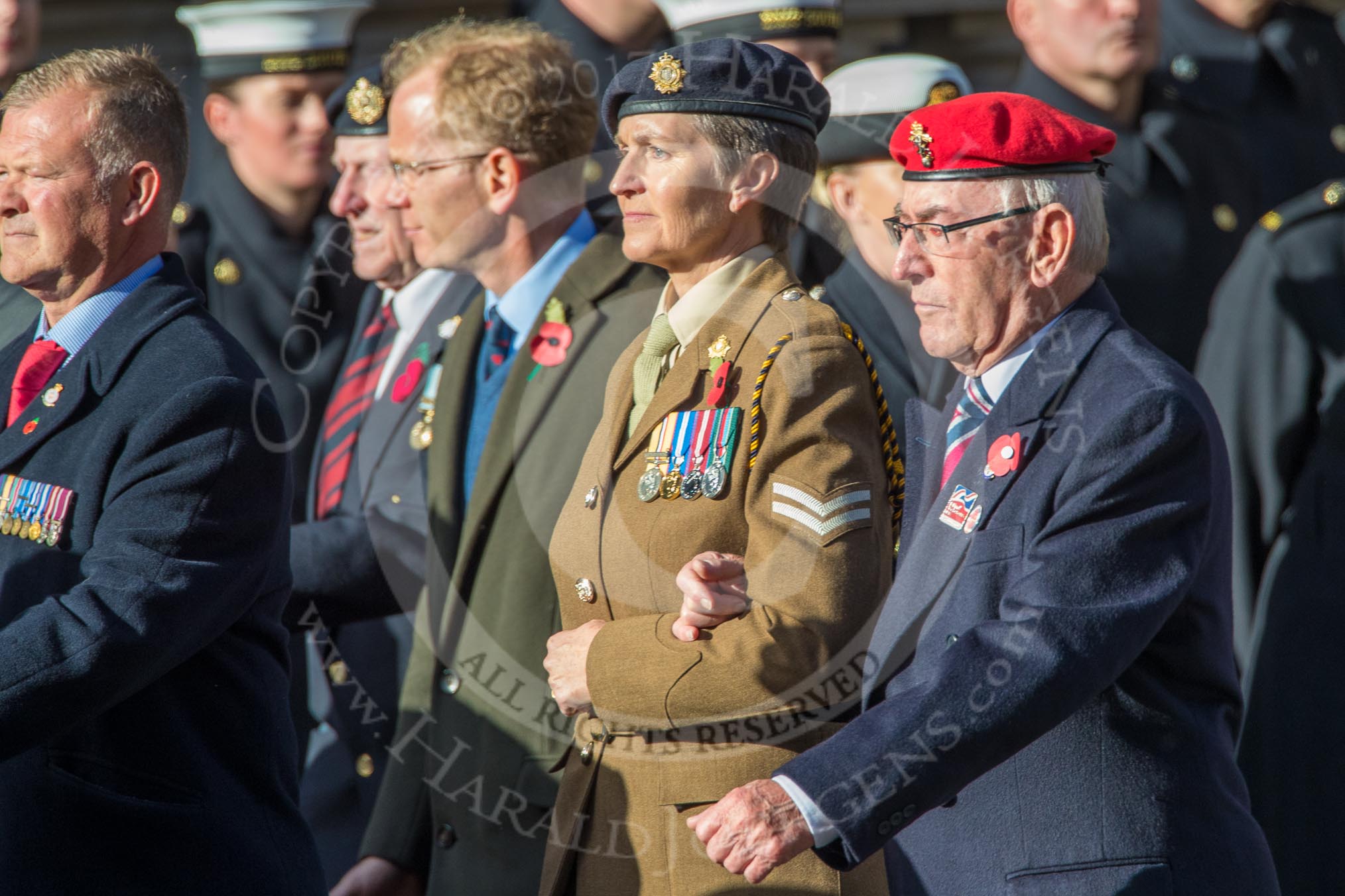 Blind Veterans UK (Group AA7, 215 members) during the Royal British Legion March Past on Remembrance Sunday at the Cenotaph, Whitehall, Westminster, London, 11 November 2018, 12:05.