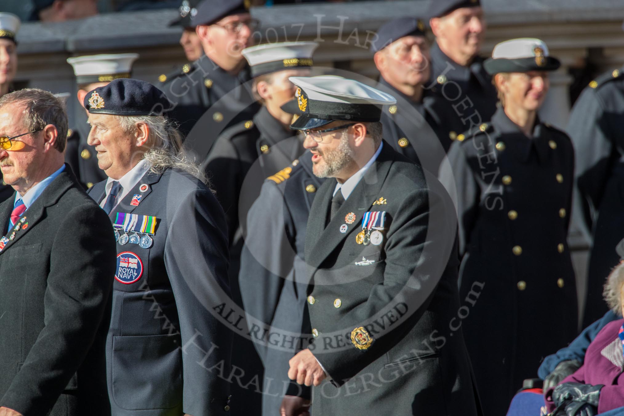 Blind Veterans UK (Group AA7, 215 members) during the Royal British Legion March Past on Remembrance Sunday at the Cenotaph, Whitehall, Westminster, London, 11 November 2018, 12:05.