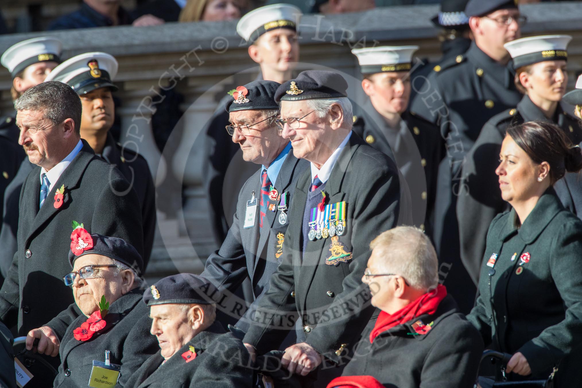 Blind Veterans UK (Group AA7, 215 members) during the Royal British Legion March Past on Remembrance Sunday at the Cenotaph, Whitehall, Westminster, London, 11 November 2018, 12:05.