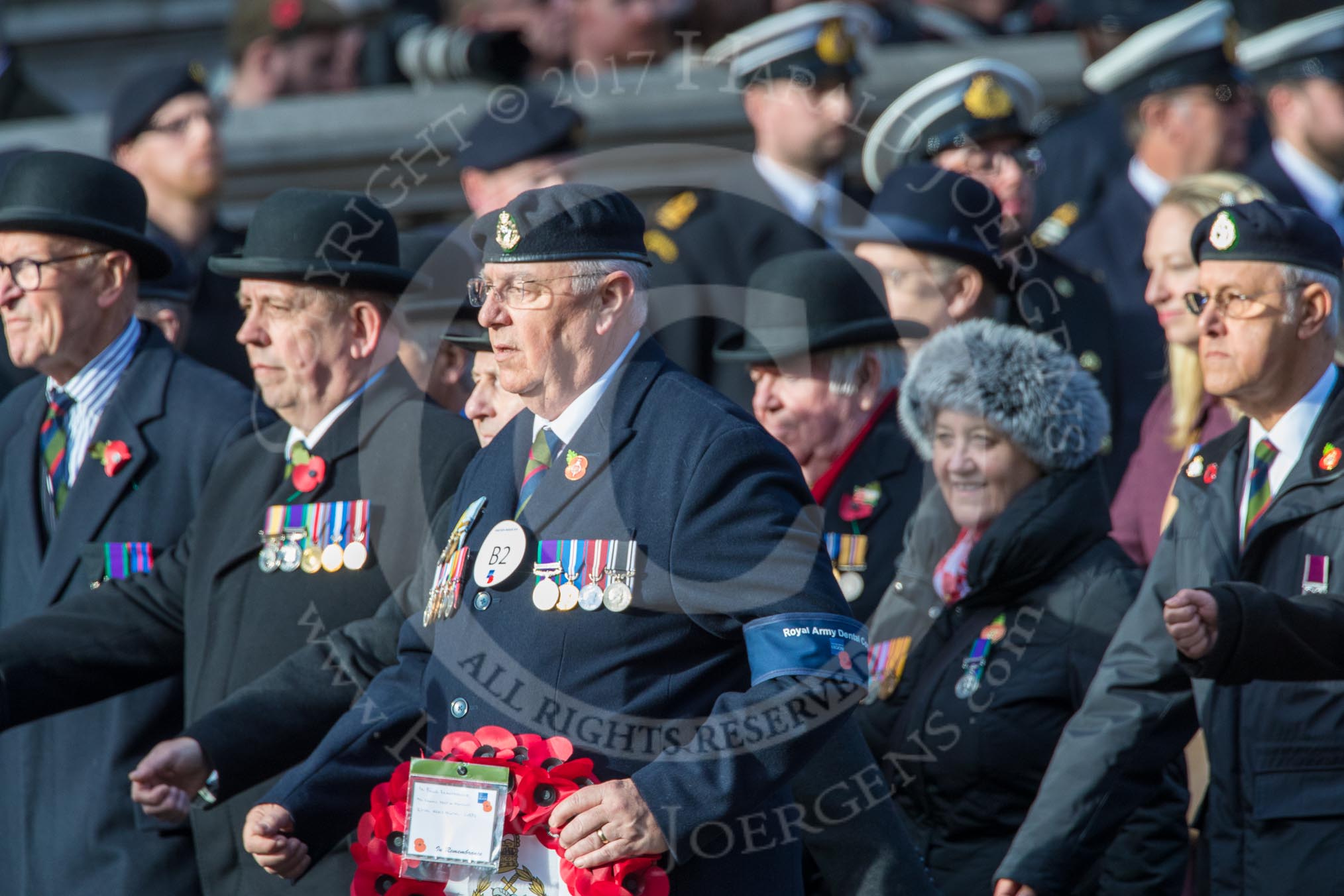 RAVC and RADC Associations (Group B2, 27 members) during the Royal British Legion March Past on Remembrance Sunday at the Cenotaph, Whitehall, Westminster, London, 11 November 2018, 12:05.