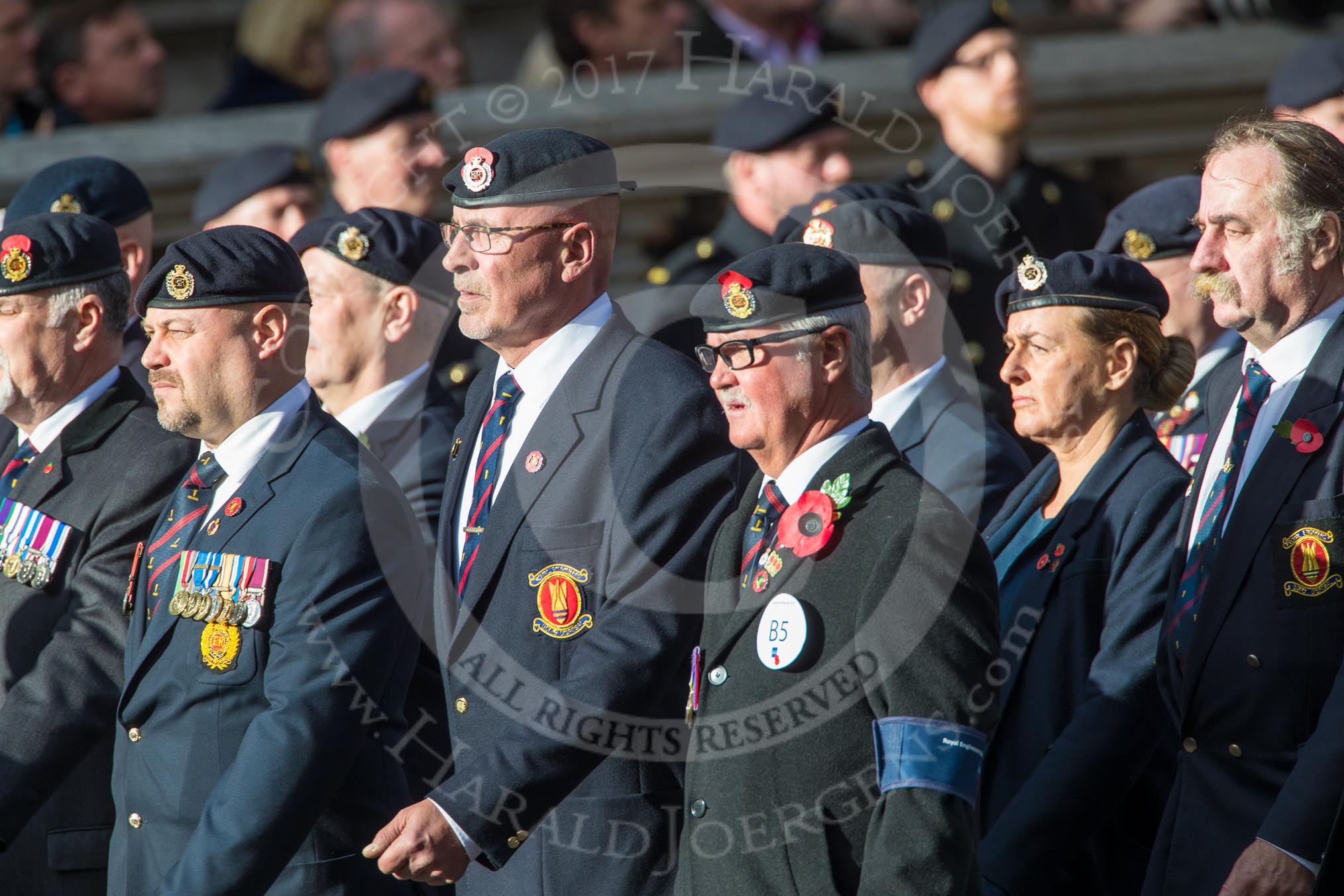 Royal Engineers Bomb Disposal Association (Group B5, 60 members) during the Royal British Legion March Past on Remembrance Sunday at the Cenotaph, Whitehall, Westminster, London, 11 November 2018, 12:06.