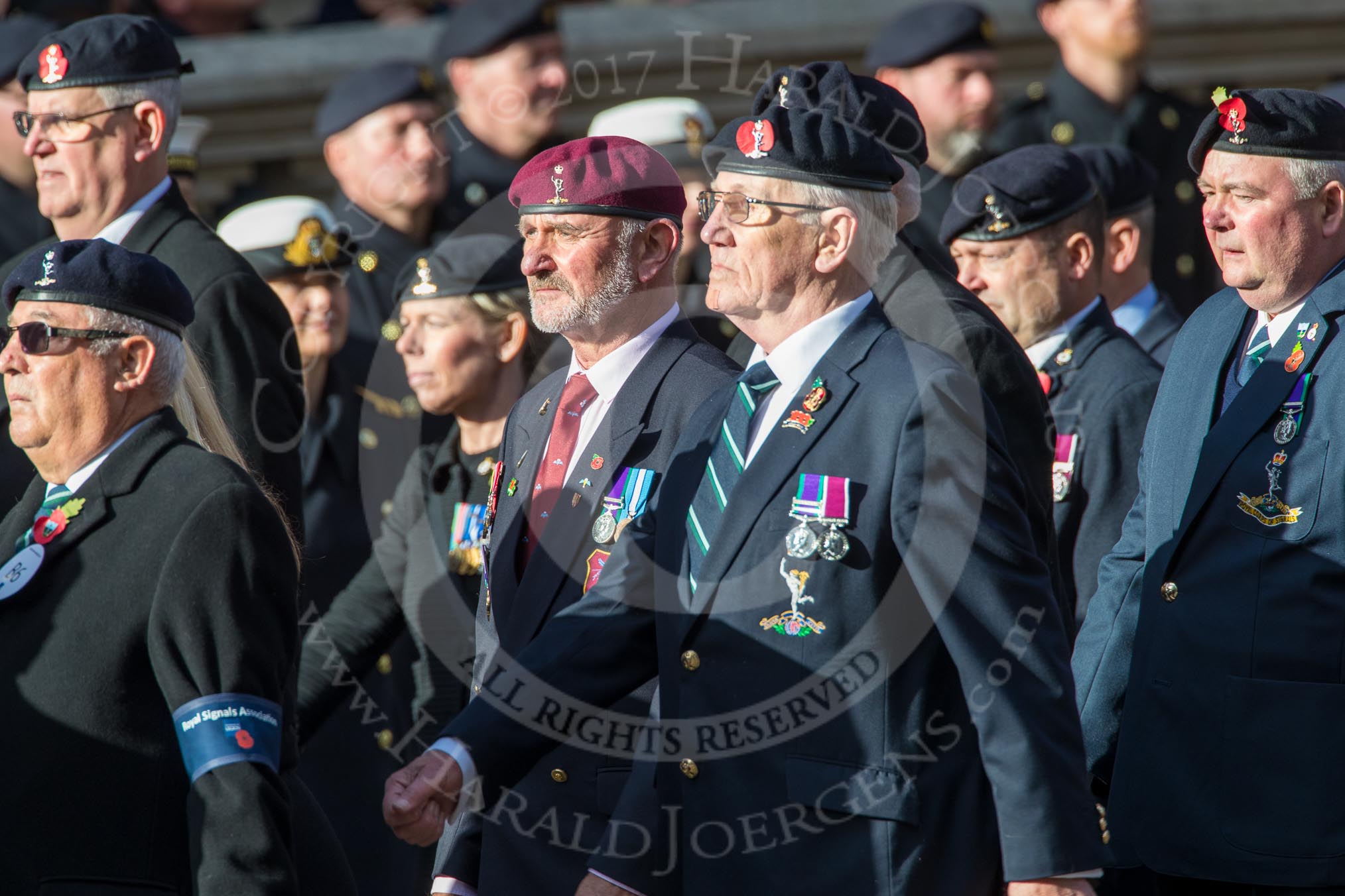 Royal Signals Association (Group B6, 49 members) during the Royal British Legion March Past on Remembrance Sunday at the Cenotaph, Whitehall, Westminster, London, 11 November 2018, 12:06.