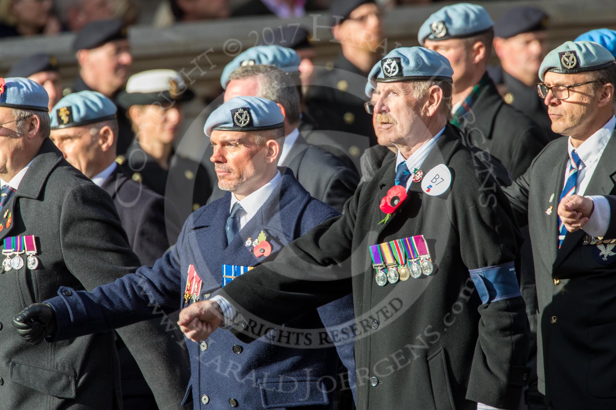 Army Air Corps Veteran Association (Group B7, 42 members) during the Royal British Legion March Past on Remembrance Sunday at the Cenotaph, Whitehall, Westminster, London, 11 November 2018, 12:07.