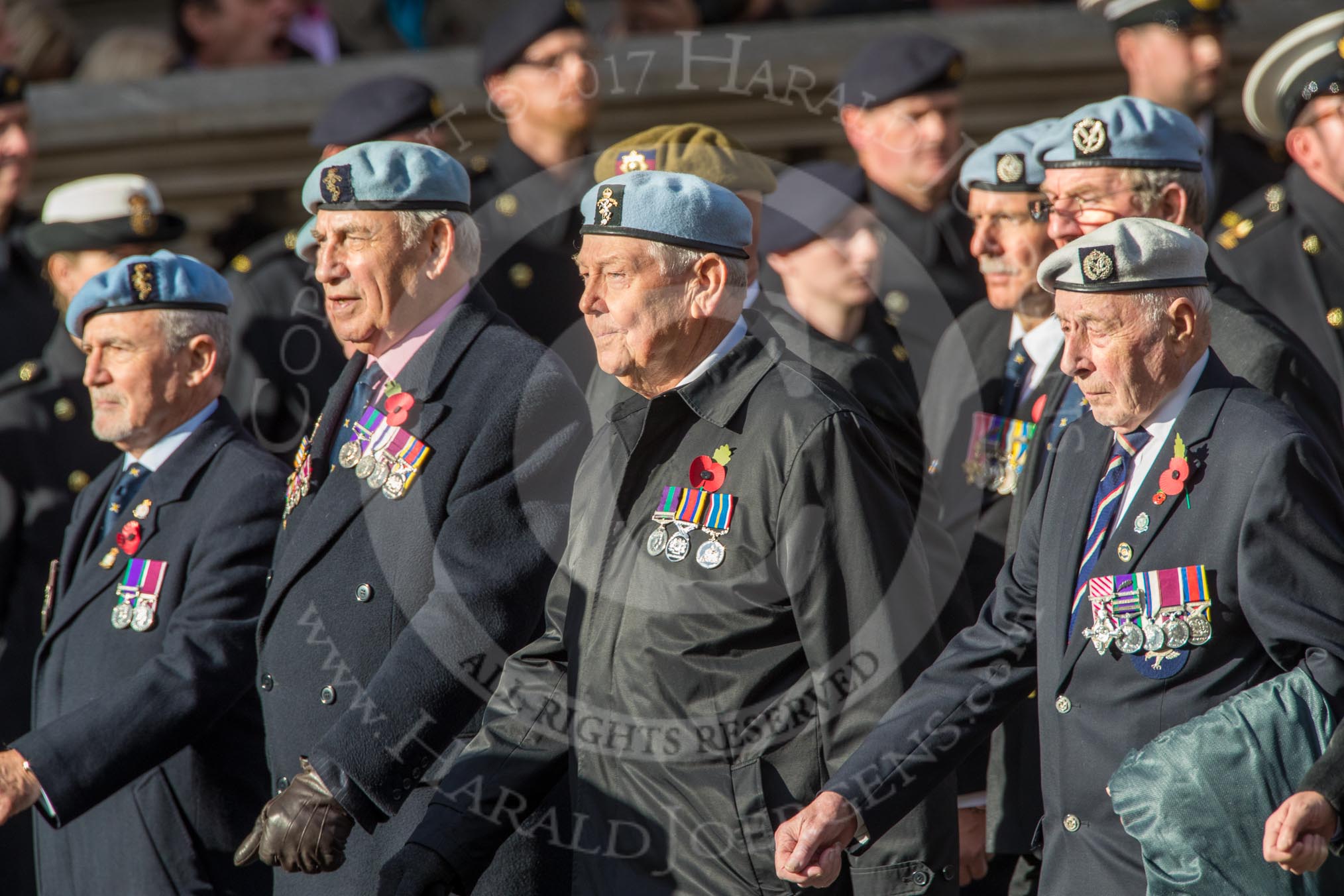 656 Squadron Association (Group B8, 24 members) during the Royal British Legion March Past on Remembrance Sunday at the Cenotaph, Whitehall, Westminster, London, 11 November 2018, 12:07.