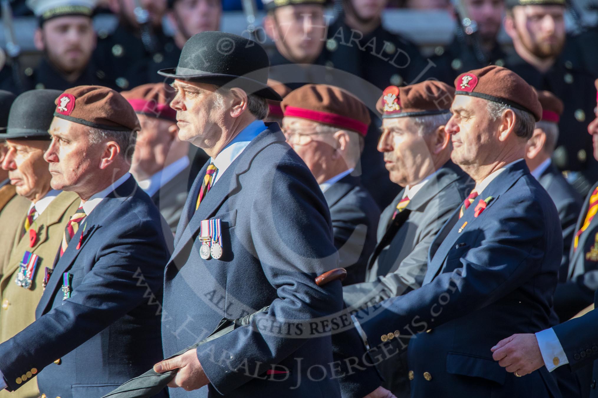 The King's Royal Hussars Regimental Association  (Group B21, 100 members) during the Royal British Legion March Past on Remembrance Sunday at the Cenotaph, Whitehall, Westminster, London, 11 November 2018, 12:10.