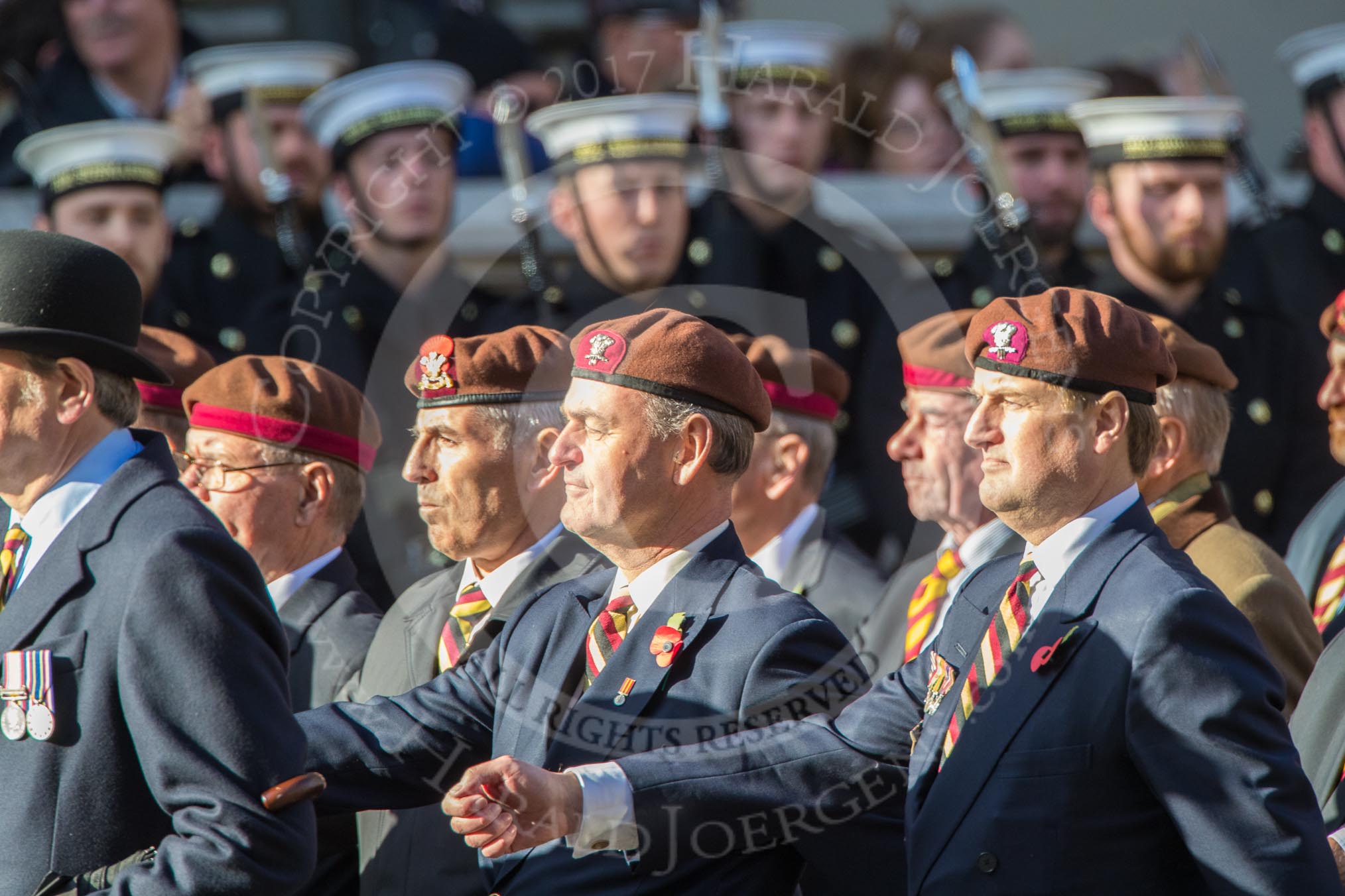 The King's Royal Hussars Regimental Association  (Group B21, 100 members) during the Royal British Legion March Past on Remembrance Sunday at the Cenotaph, Whitehall, Westminster, London, 11 November 2018, 12:10.