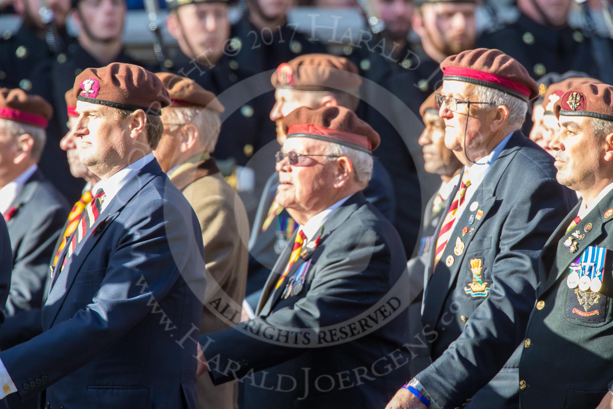 The King's Royal Hussars Regimental Association  (Group B21, 100 members) during the Royal British Legion March Past on Remembrance Sunday at the Cenotaph, Whitehall, Westminster, London, 11 November 2018, 12:10.