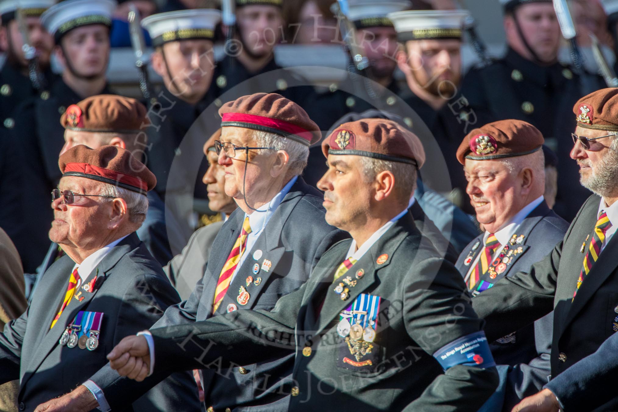 The King's Royal Hussars Regimental Association  (Group B21, 100 members) during the Royal British Legion March Past on Remembrance Sunday at the Cenotaph, Whitehall, Westminster, London, 11 November 2018, 12:10.