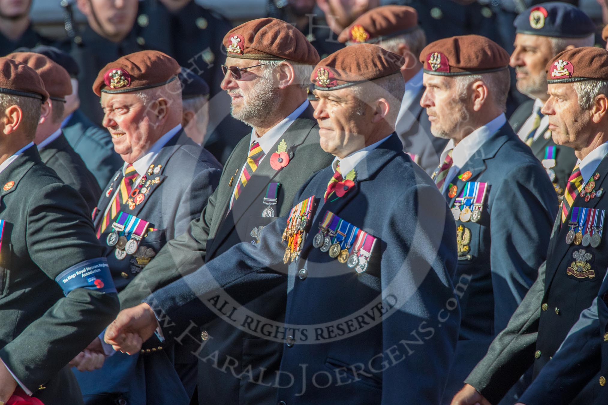 The King's Royal Hussars Regimental Association  (Group B21, 100 members) during the Royal British Legion March Past on Remembrance Sunday at the Cenotaph, Whitehall, Westminster, London, 11 November 2018, 12:10.